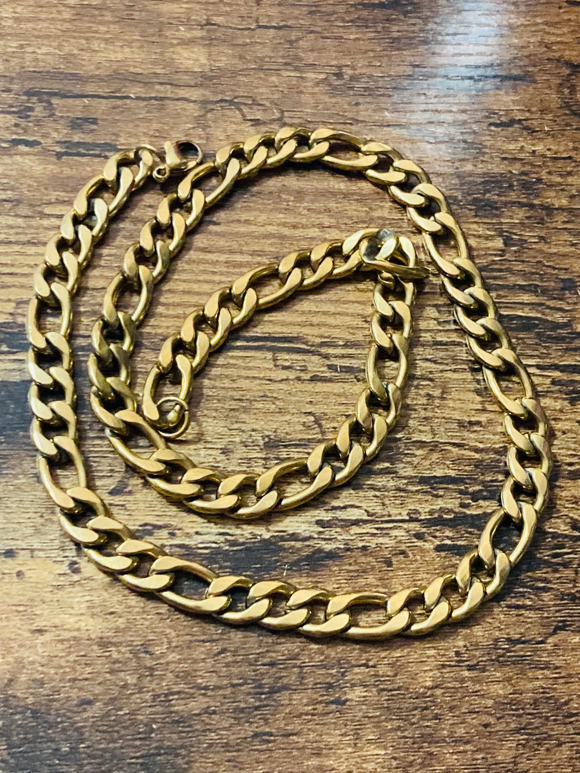 chunky heavy flat Figaro chain necklace 57cm unisex gold plated Vintage