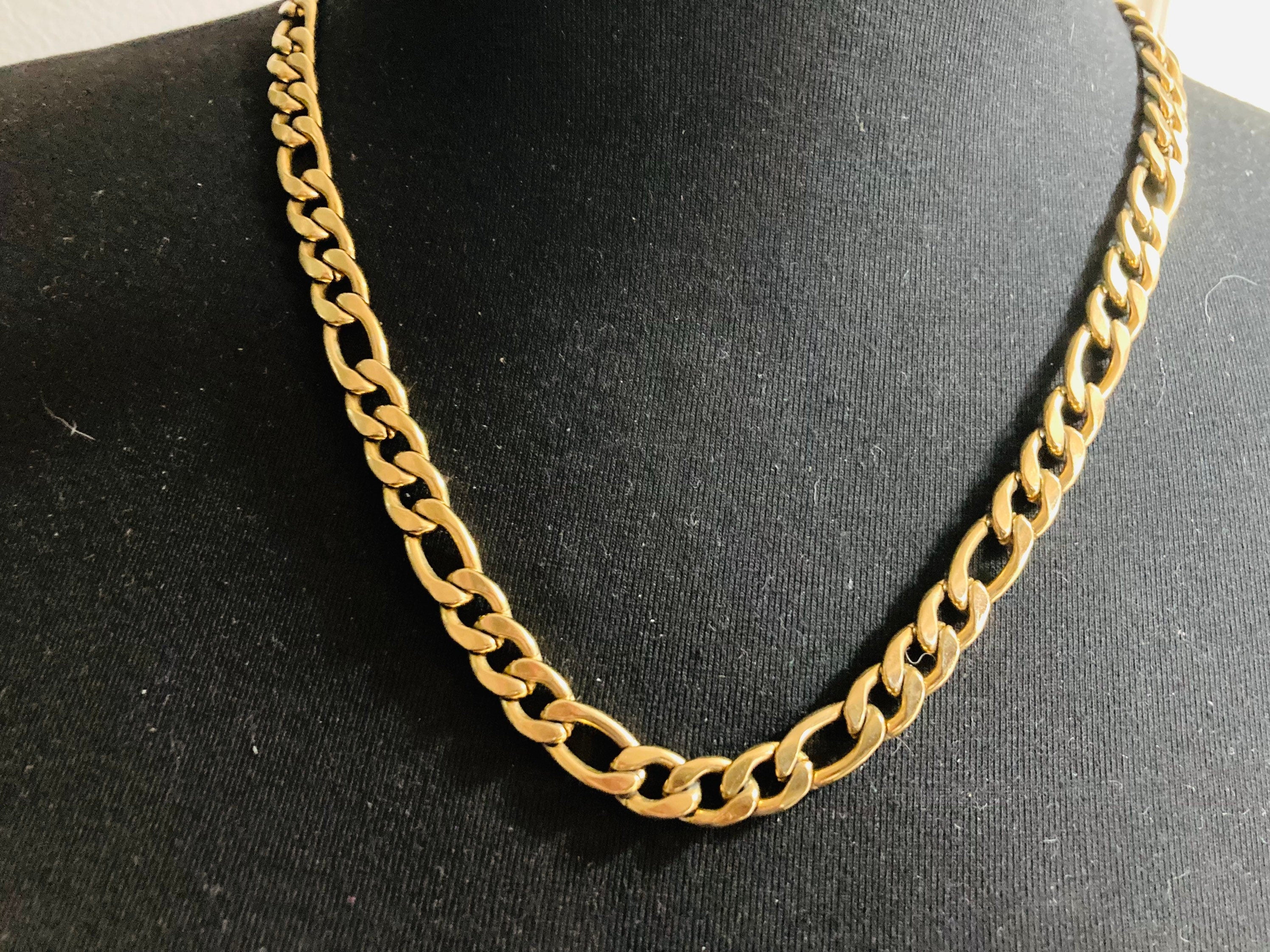 chunky heavy flat Figaro chain necklace 57cm unisex gold plated Vintage