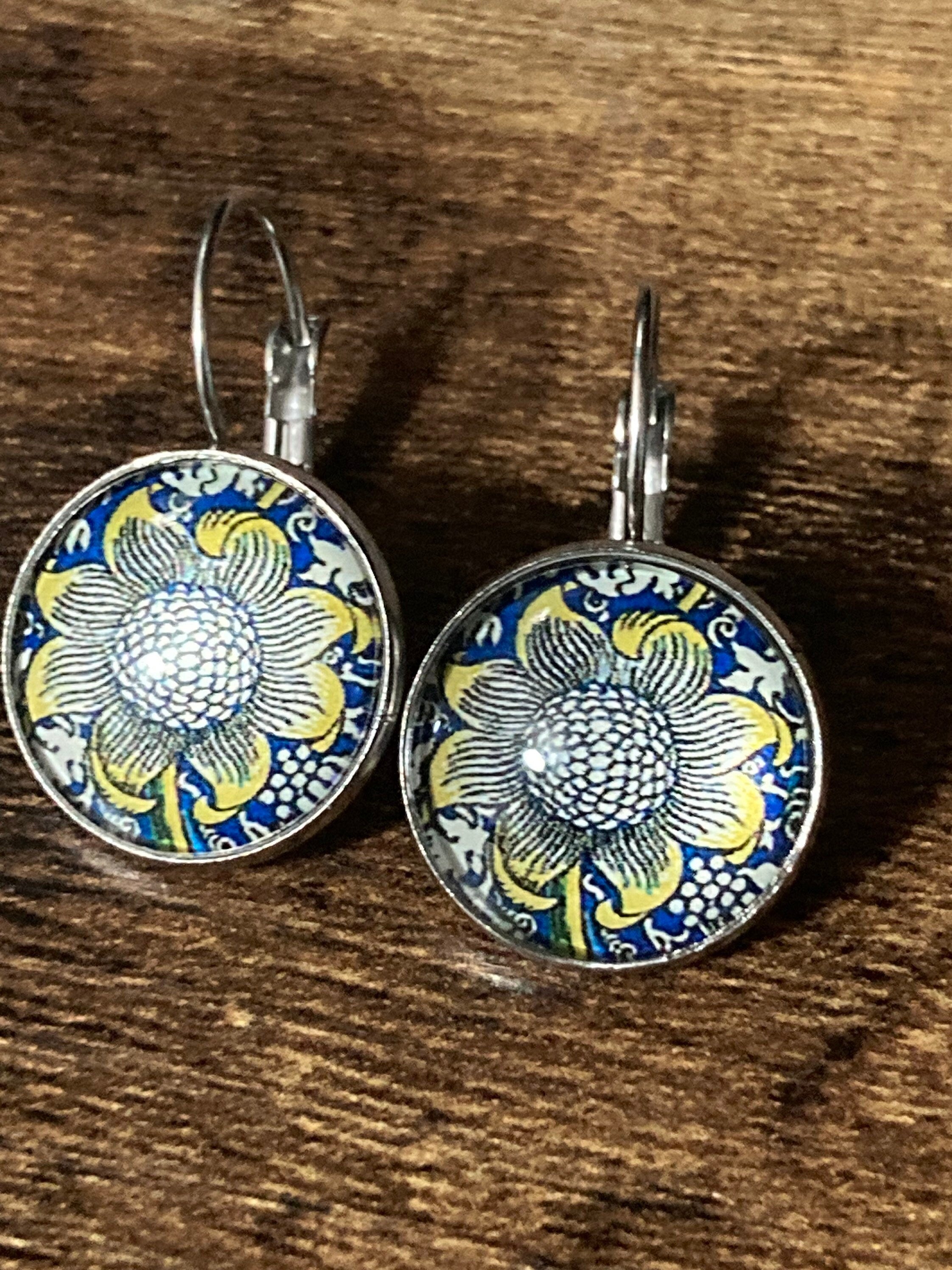 William Morris yellow blue print earrings round glass cabochon 3cm dangly silver plated