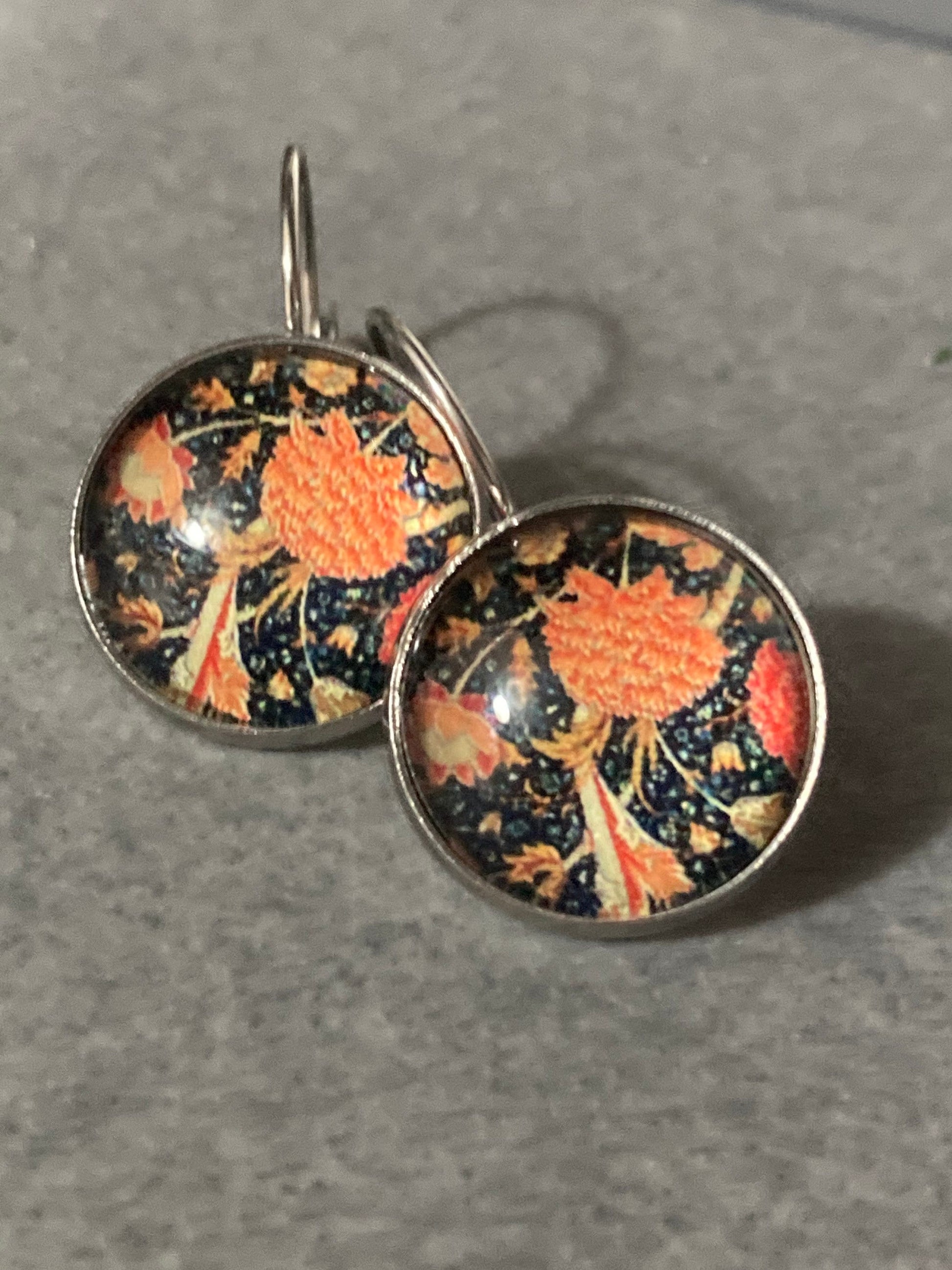 William Morris print earrings 18mm round glass cabochon drops orange