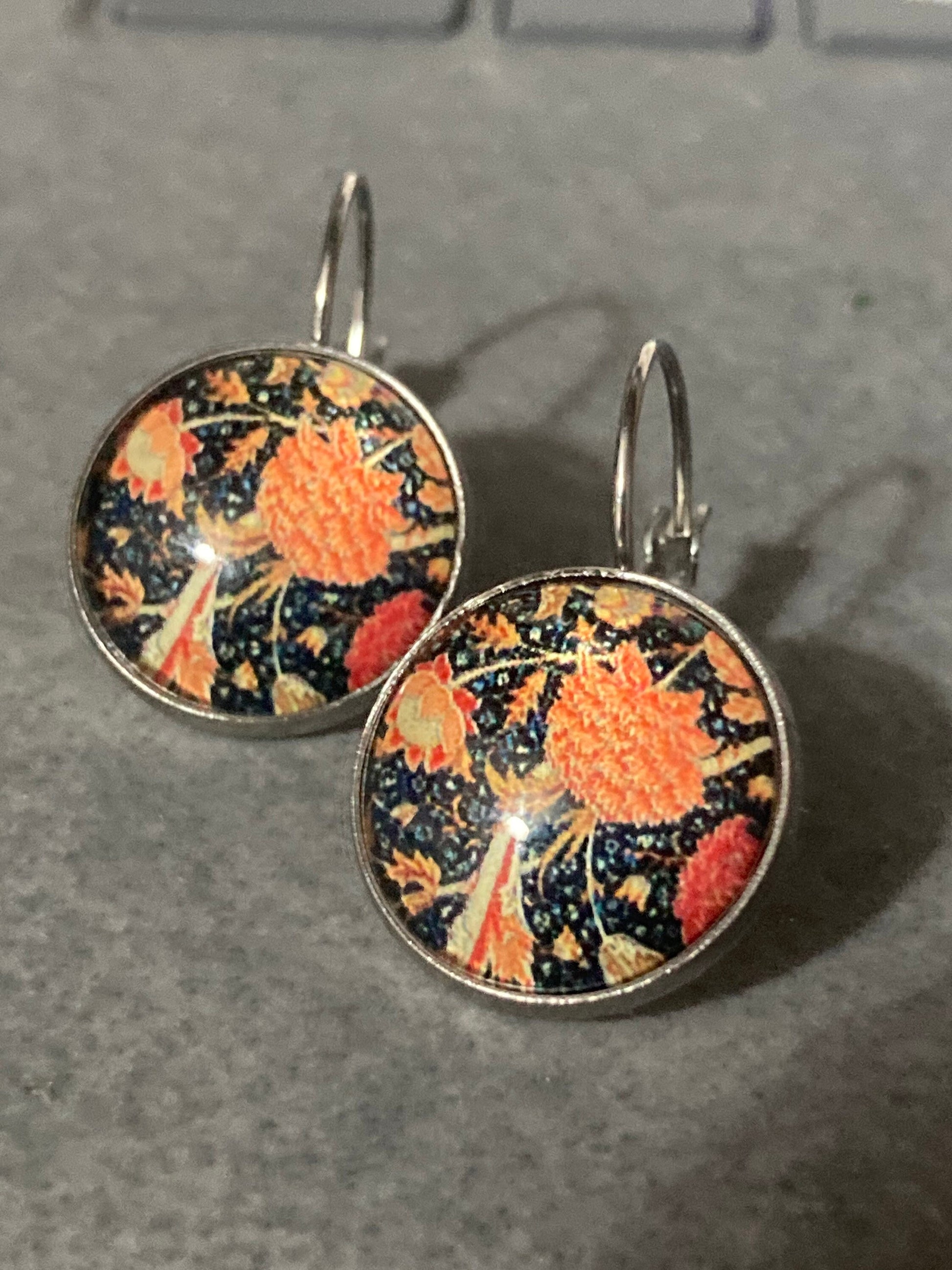 William Morris print earrings 18mm round glass cabochon drops orange