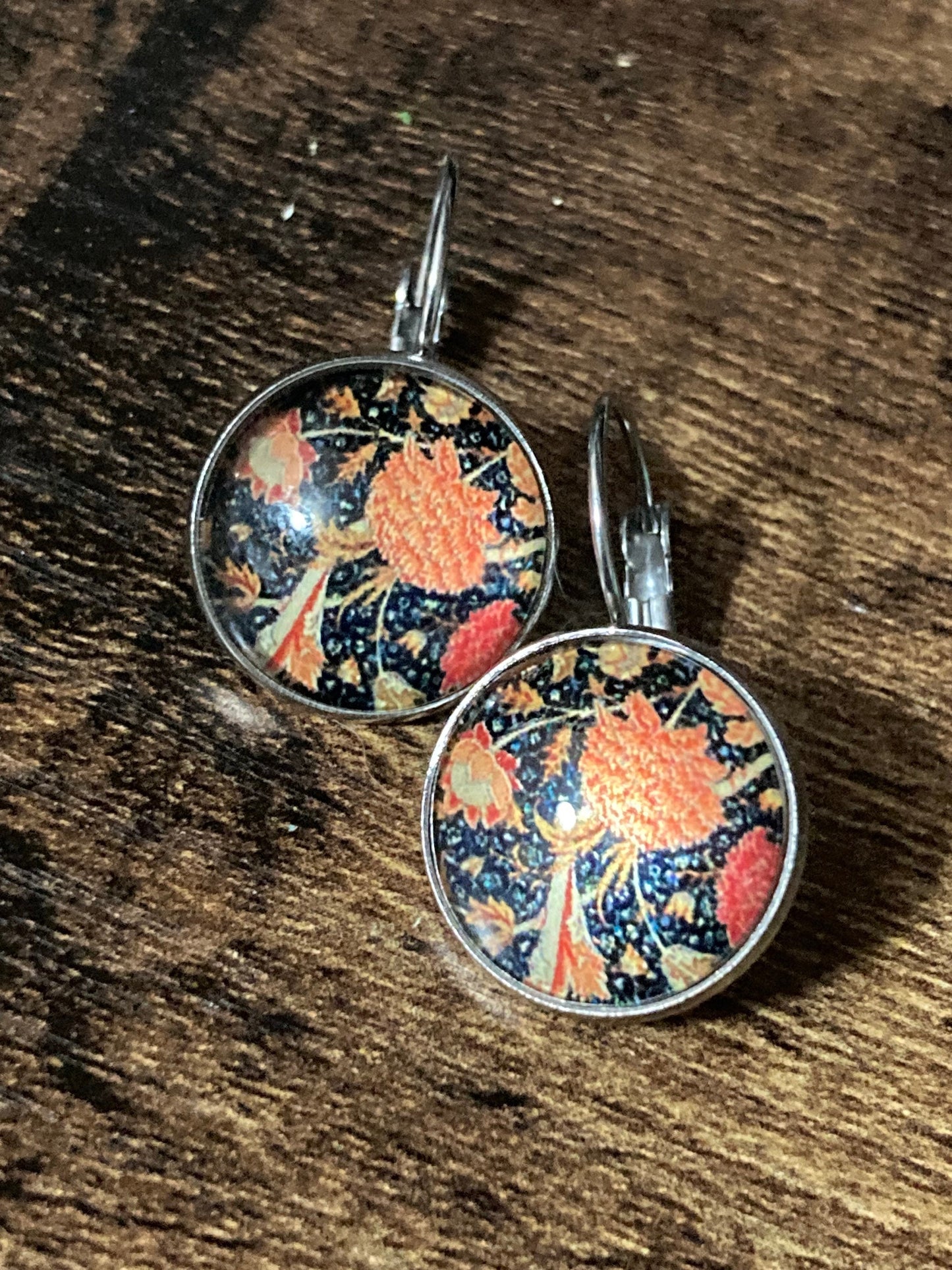 William Morris print earrings 18mm round glass cabochon drops orange