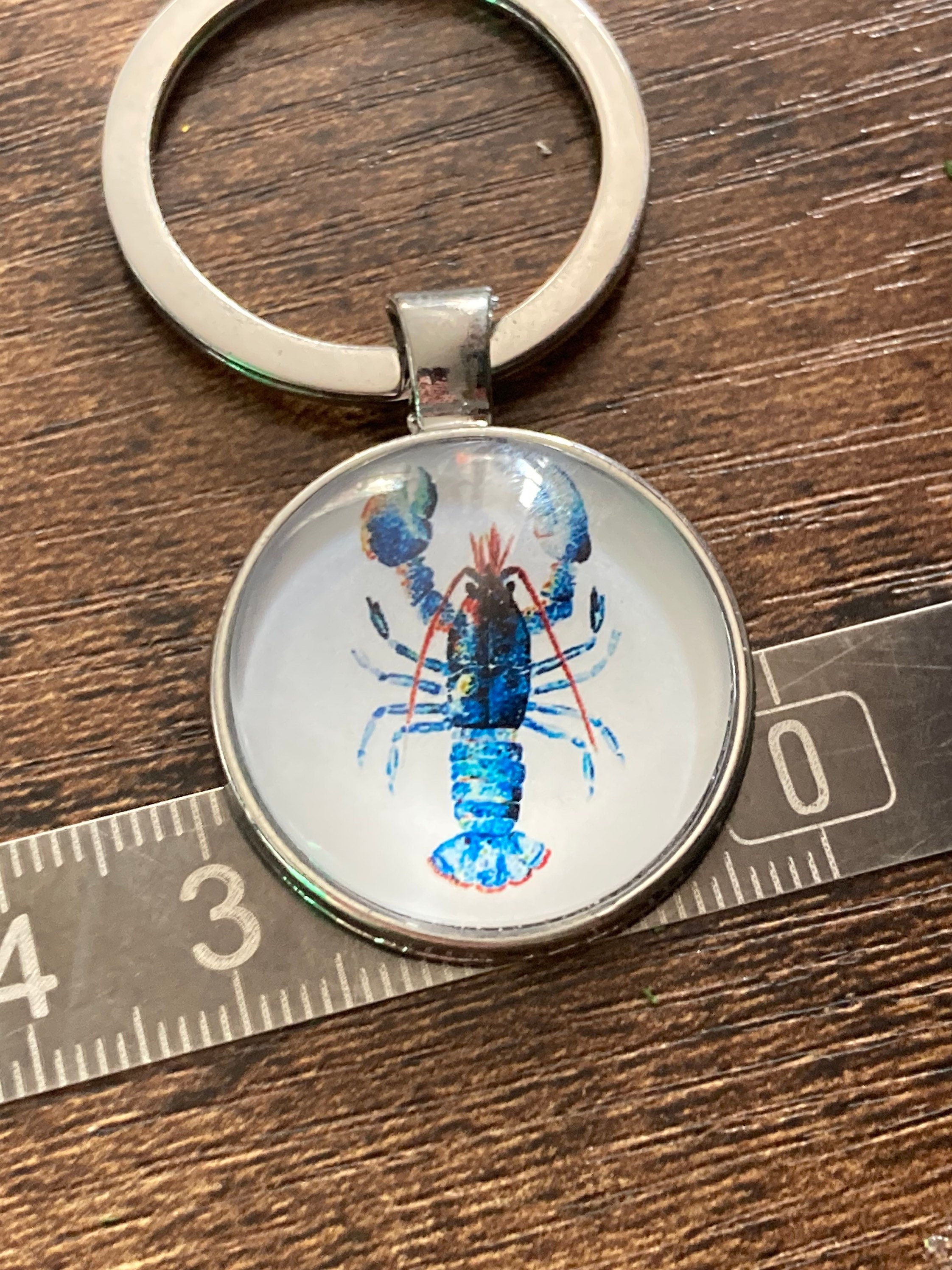 nautical blue lobster silver tone keyring glass cabochon