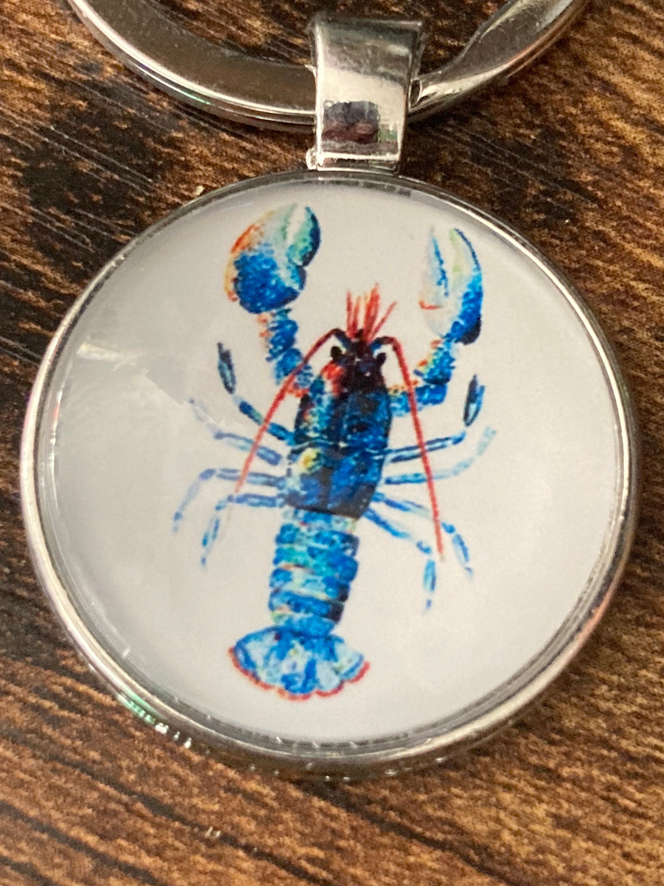 nautical blue lobster silver tone keyring glass cabochon