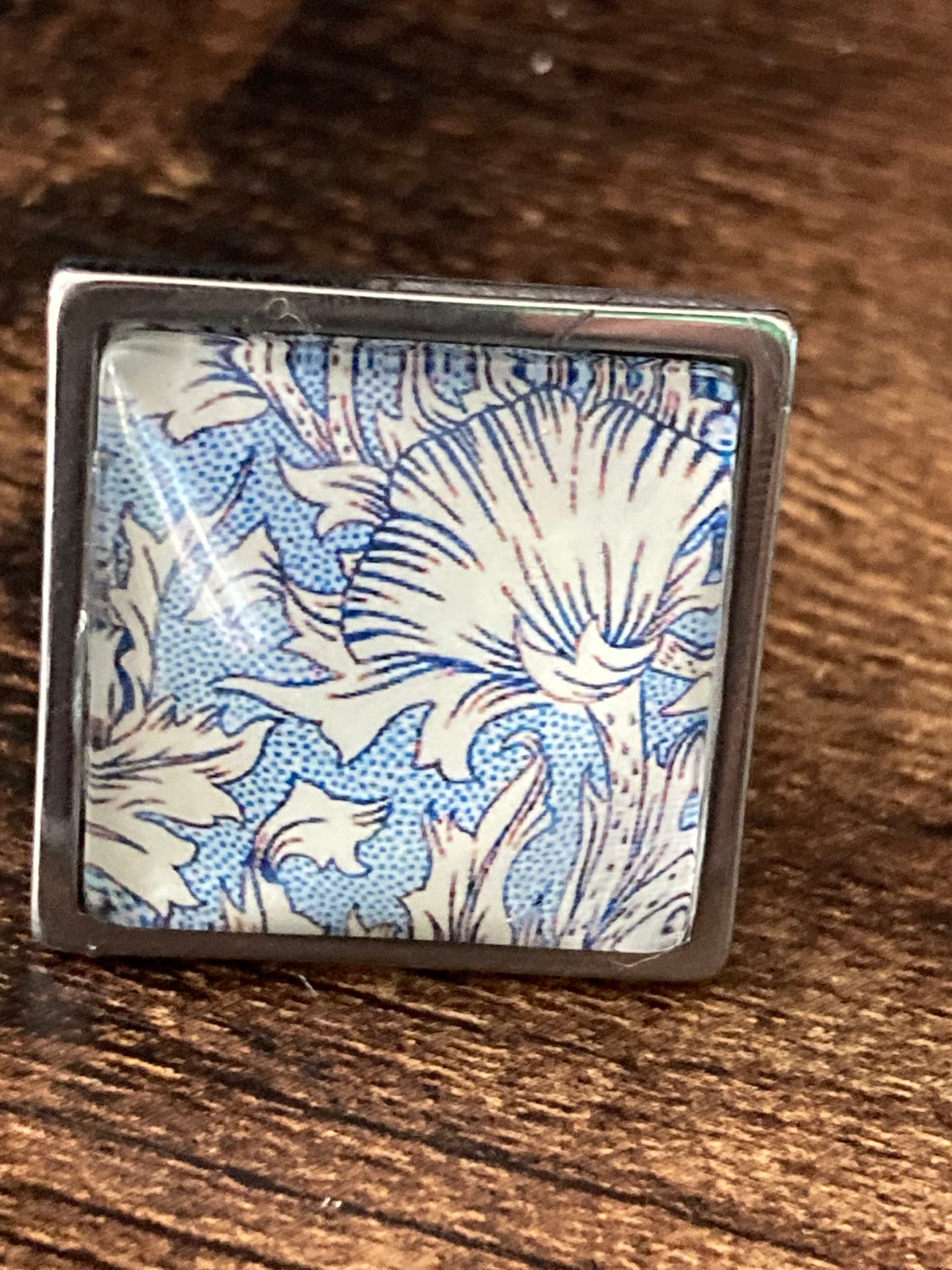 William Morris ring blue Orange cray design 2cm square glass adjustable art nouveau style