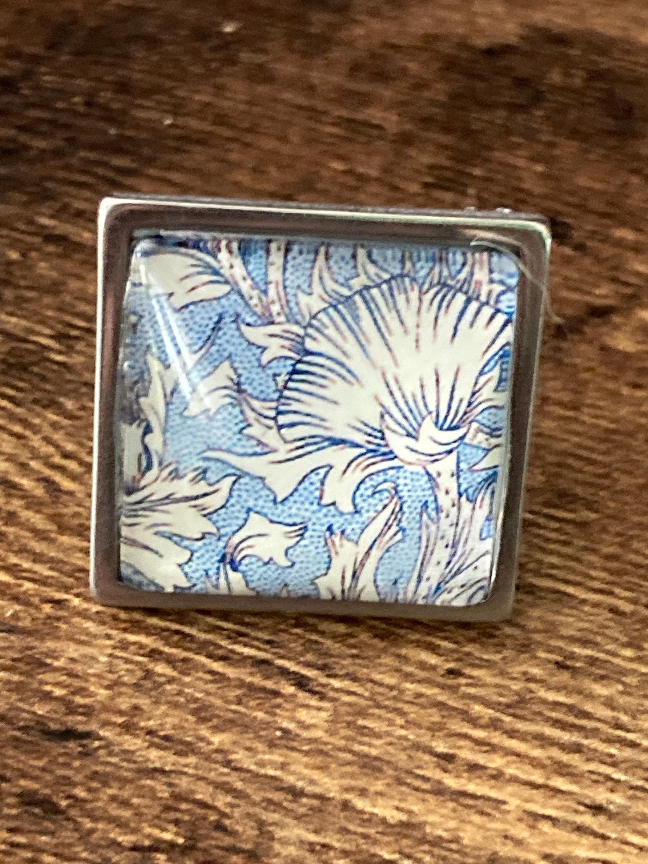 William Morris ring blue Orange cray design 2cm square glass adjustable art nouveau style