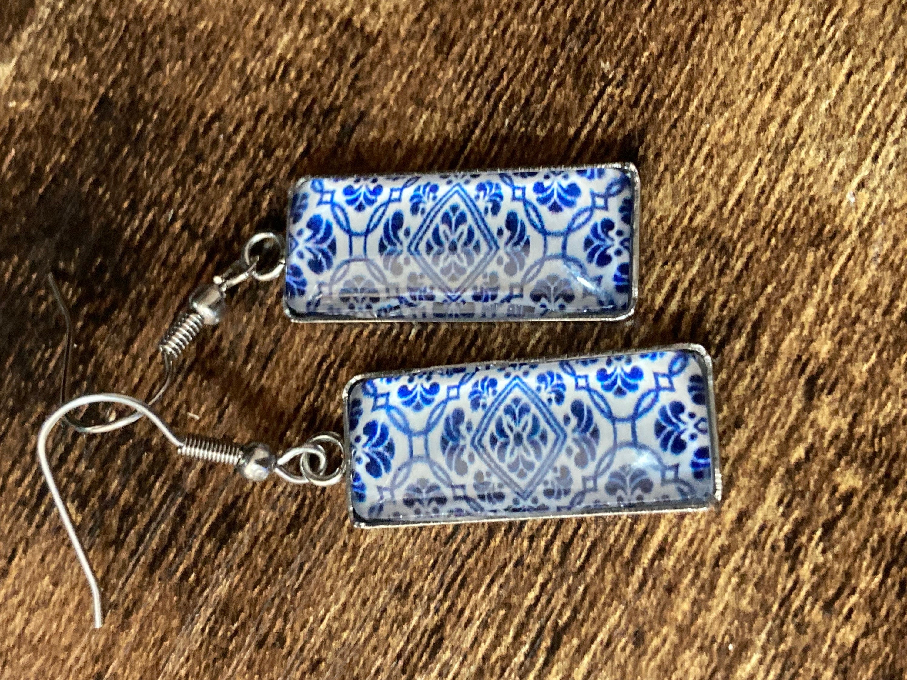 Stainless steel 4.5cm rectangular blue white floral glass cabochon dangly drop earrings