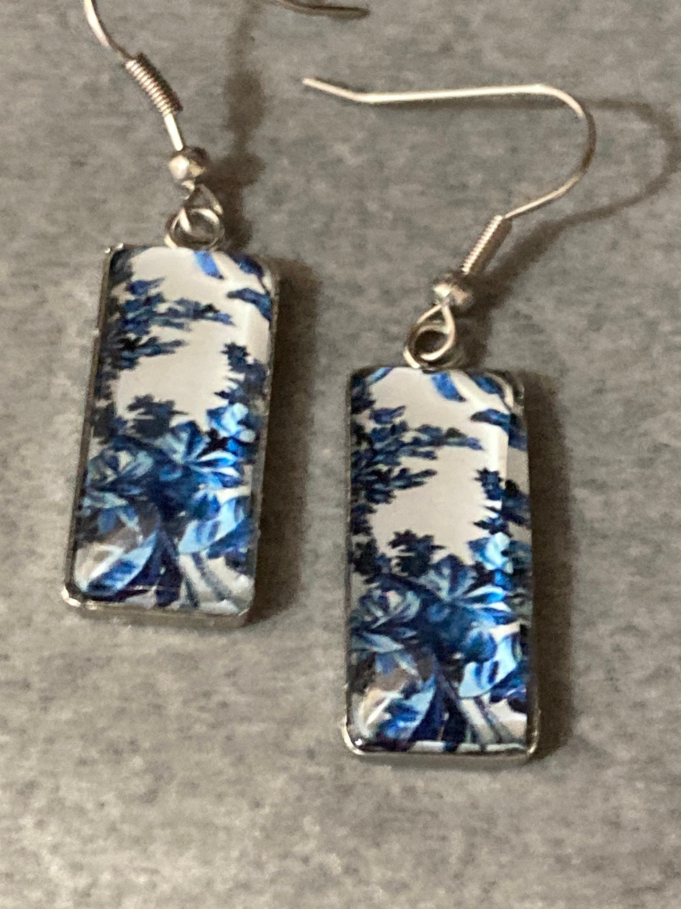 rectangular blue white floral glass cabochon dangly drop  earrings