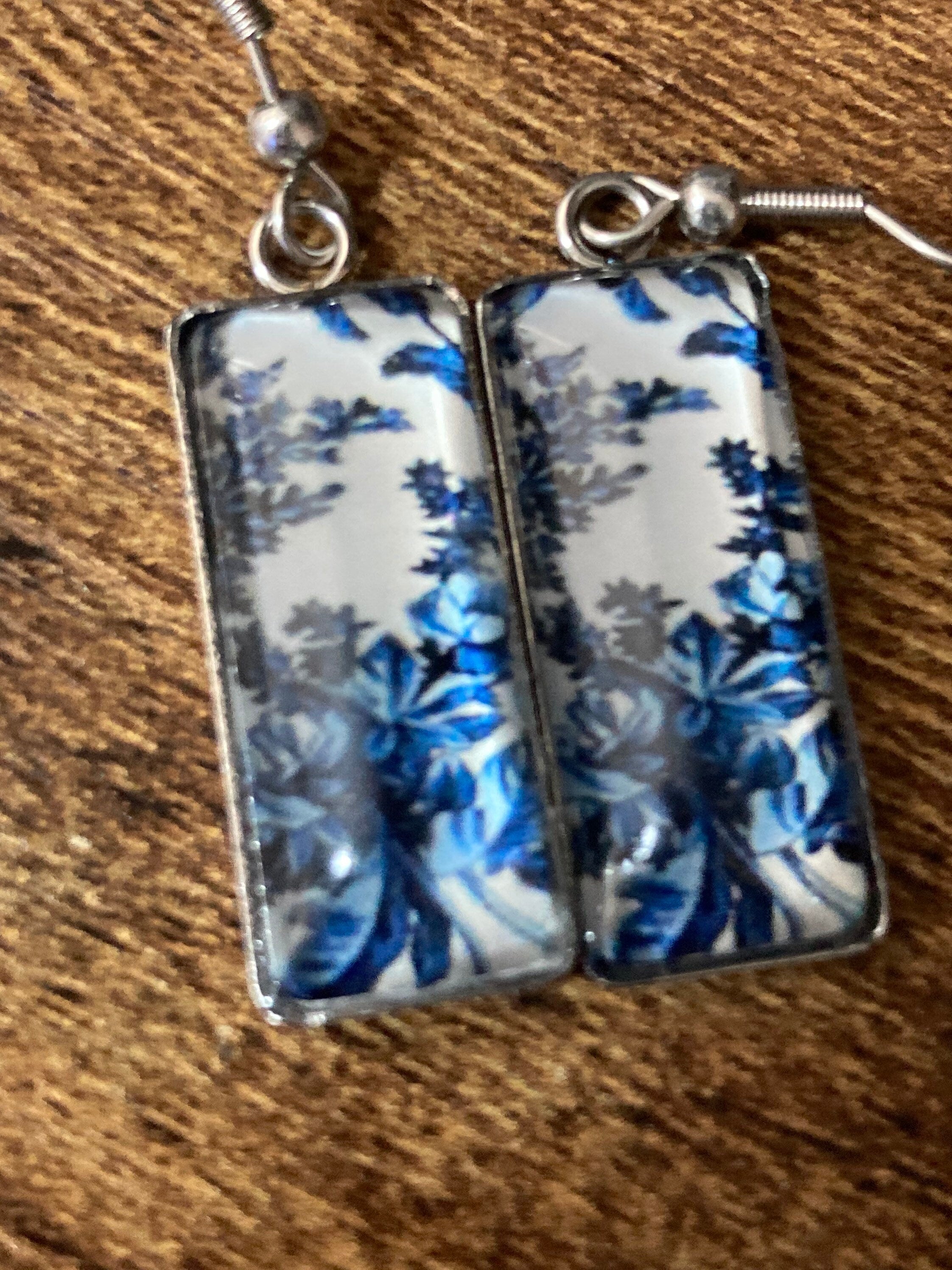 rectangular blue white floral glass cabochon dangly drop  earrings