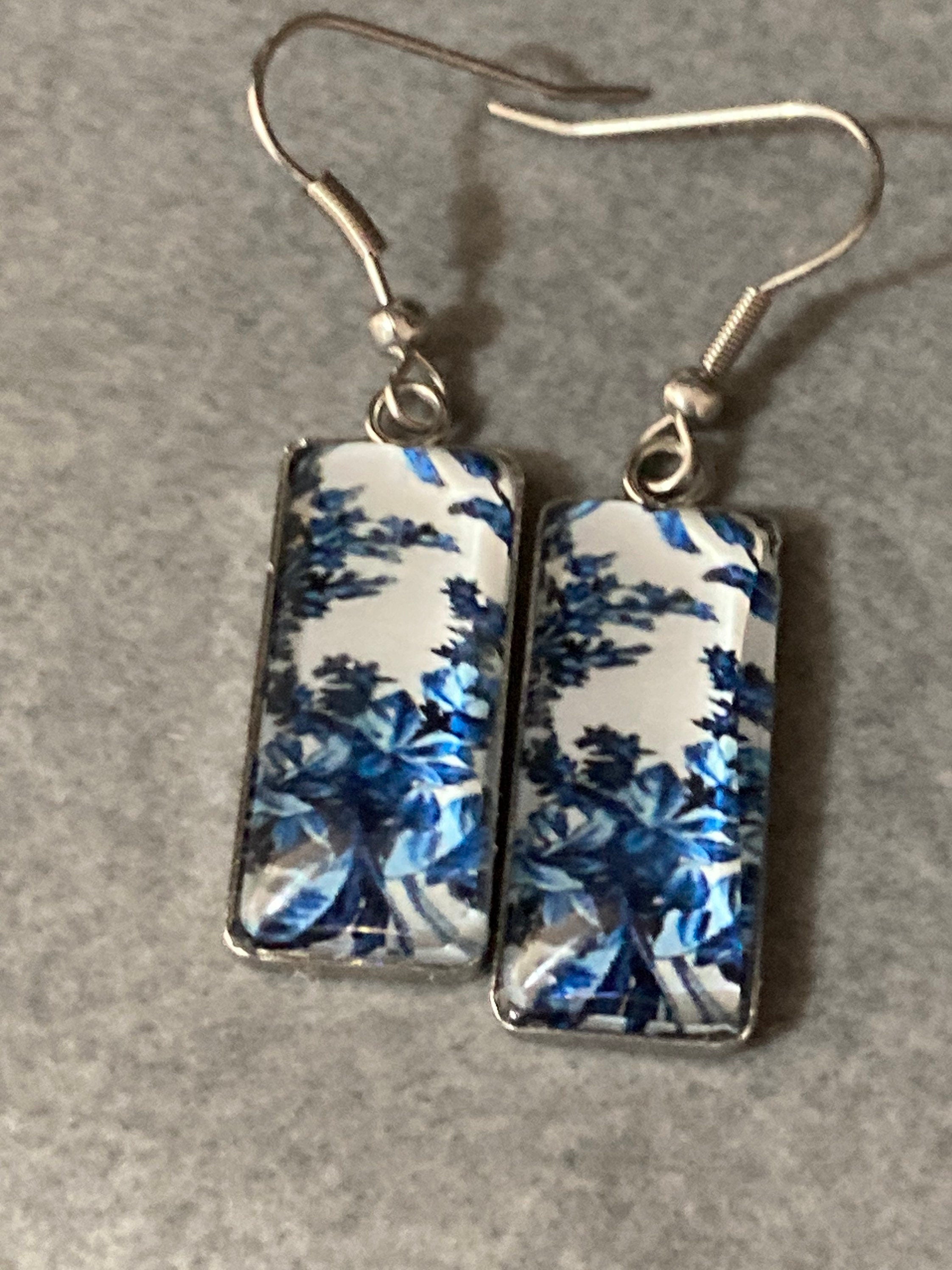 rectangular blue white floral glass cabochon dangly drop  earrings