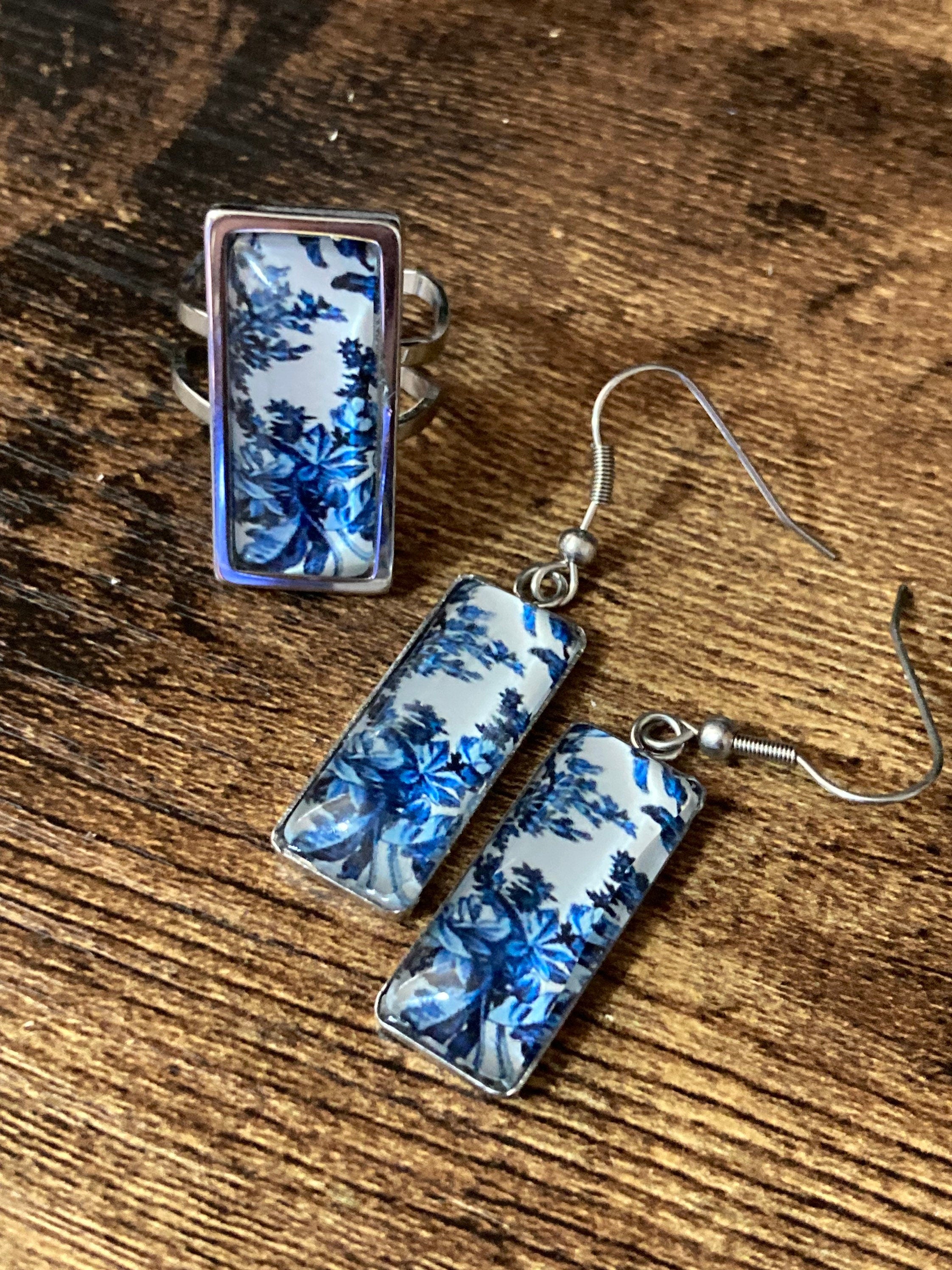 rectangular blue white floral glass cabochon dangly drop  earrings