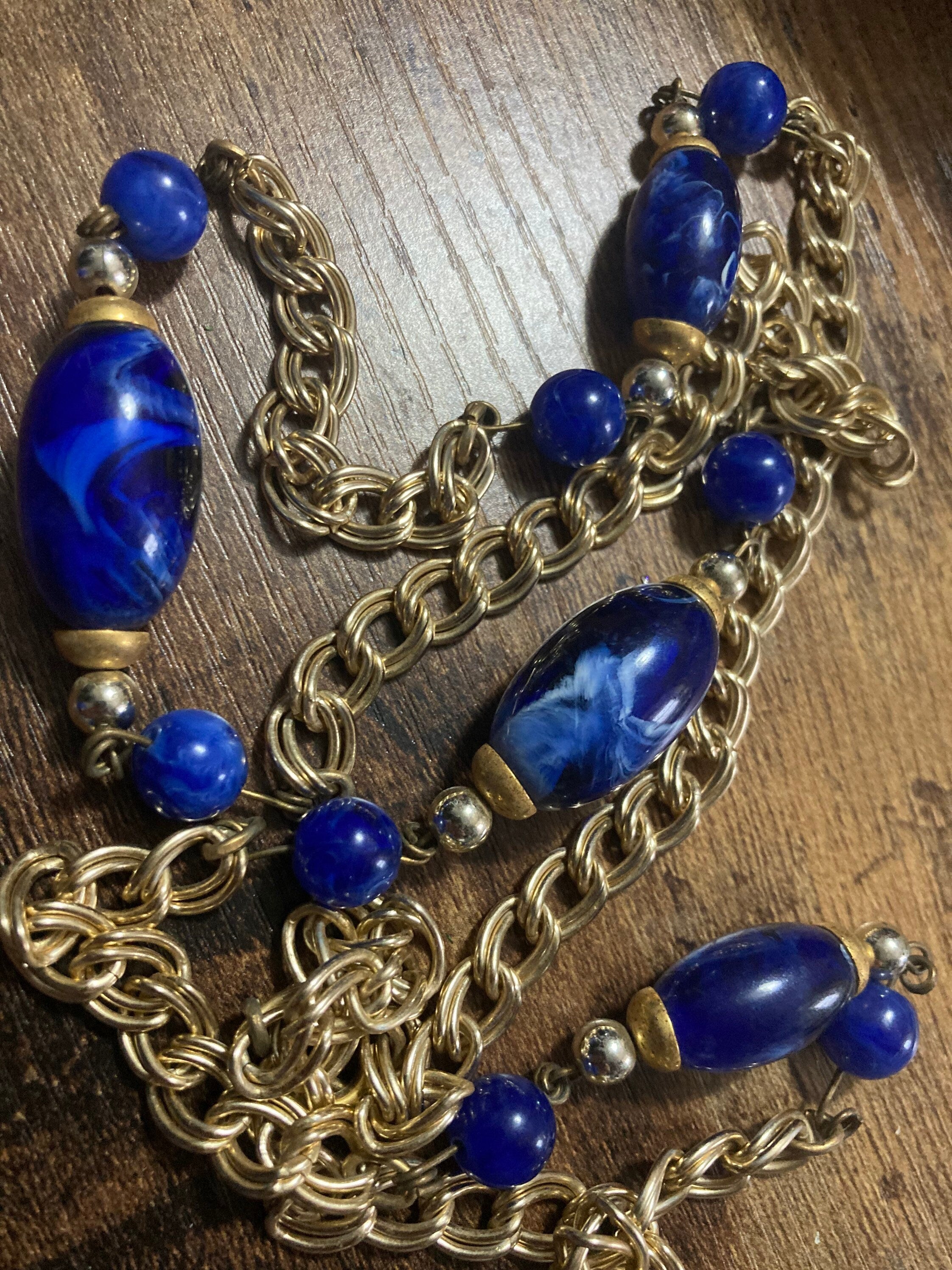 vintage 95cm navy blue plastic beaded gold tone chain link long station necklace