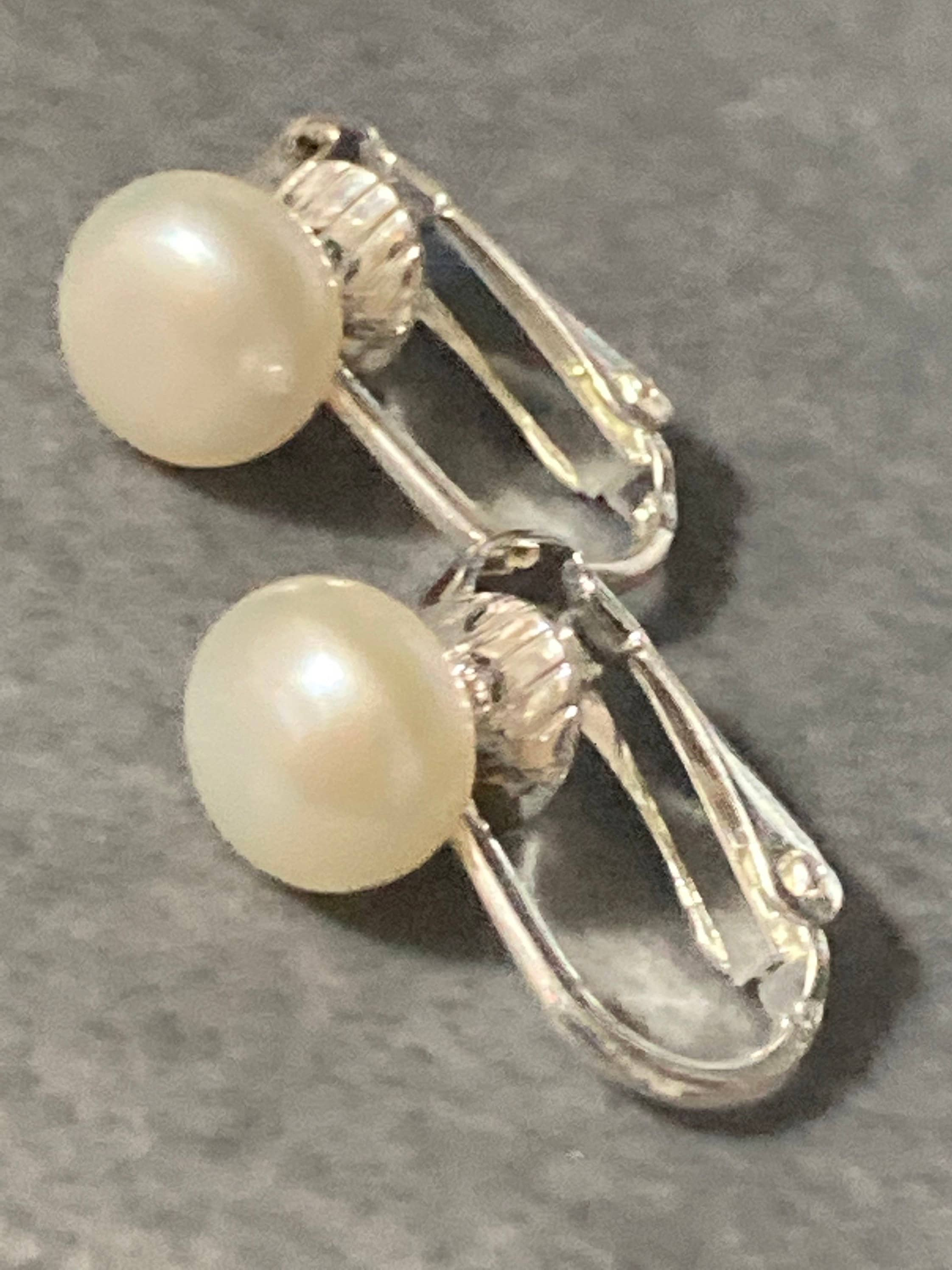 genuine freshwater white pearl silver clip on stud earrings