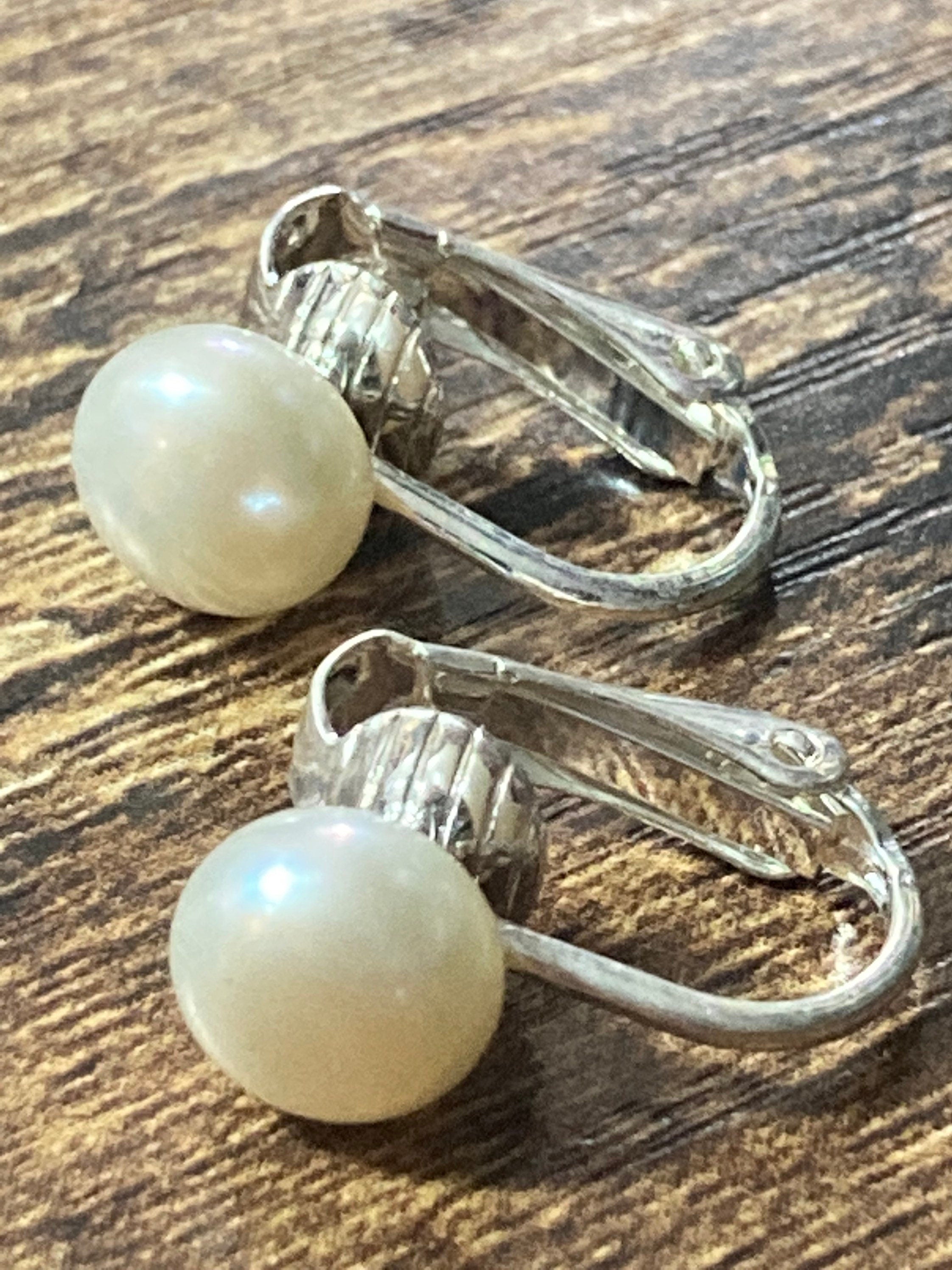 genuine freshwater white pearl silver clip on stud earrings