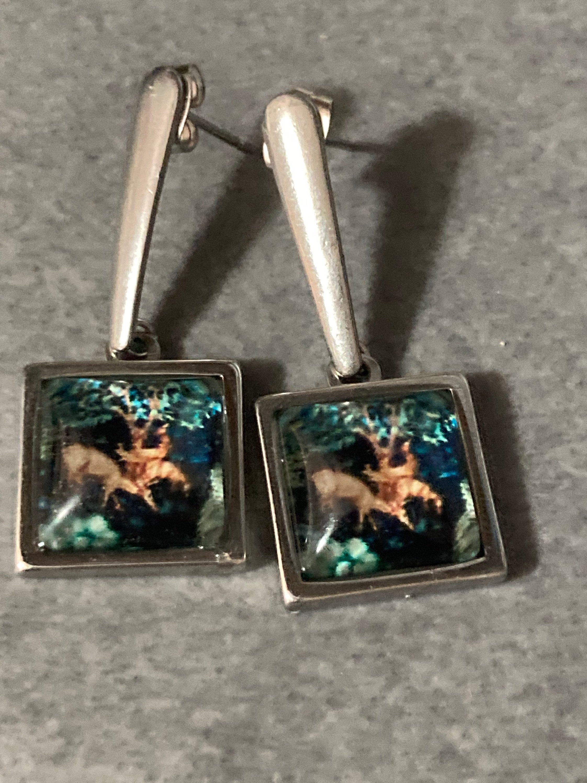 William Morris print earrings square glass cabochon drops