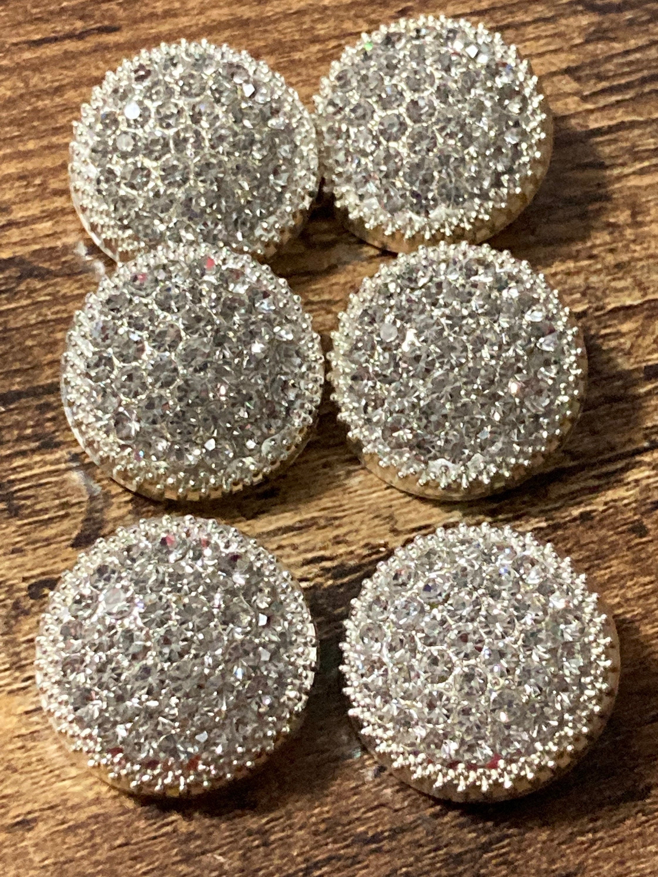 Set of 6 25mm silver metal shank round domed glass diamanté buttons for coat