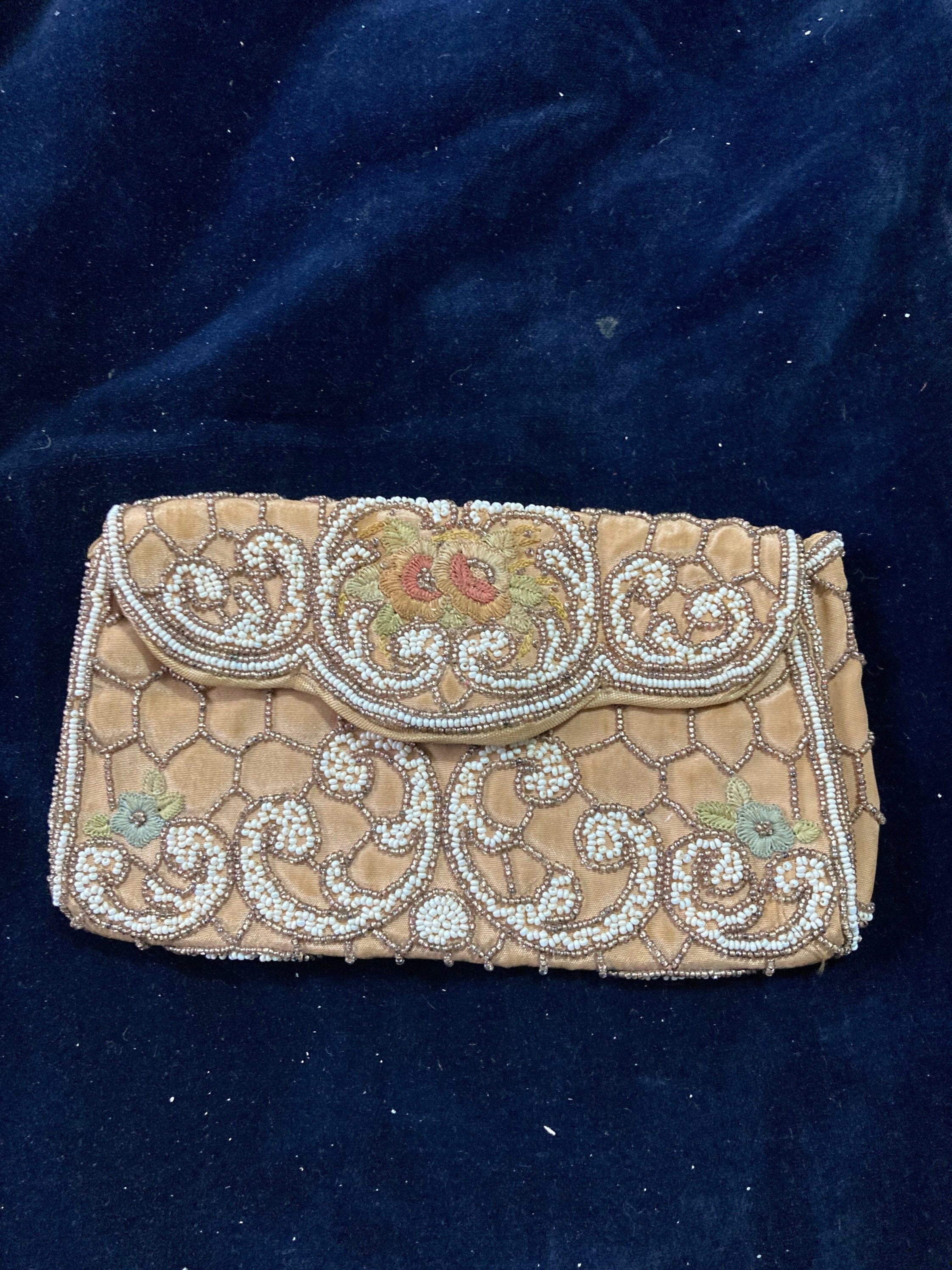 Antique French cream white micro beaded evening purse belgian