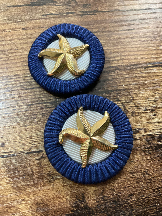 pair of navy blue cream grosgrain nautical starfish shoe clips 1980s