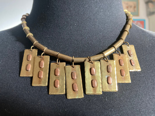 vintage retro copper and brass gold tone metal artisan choker necklace