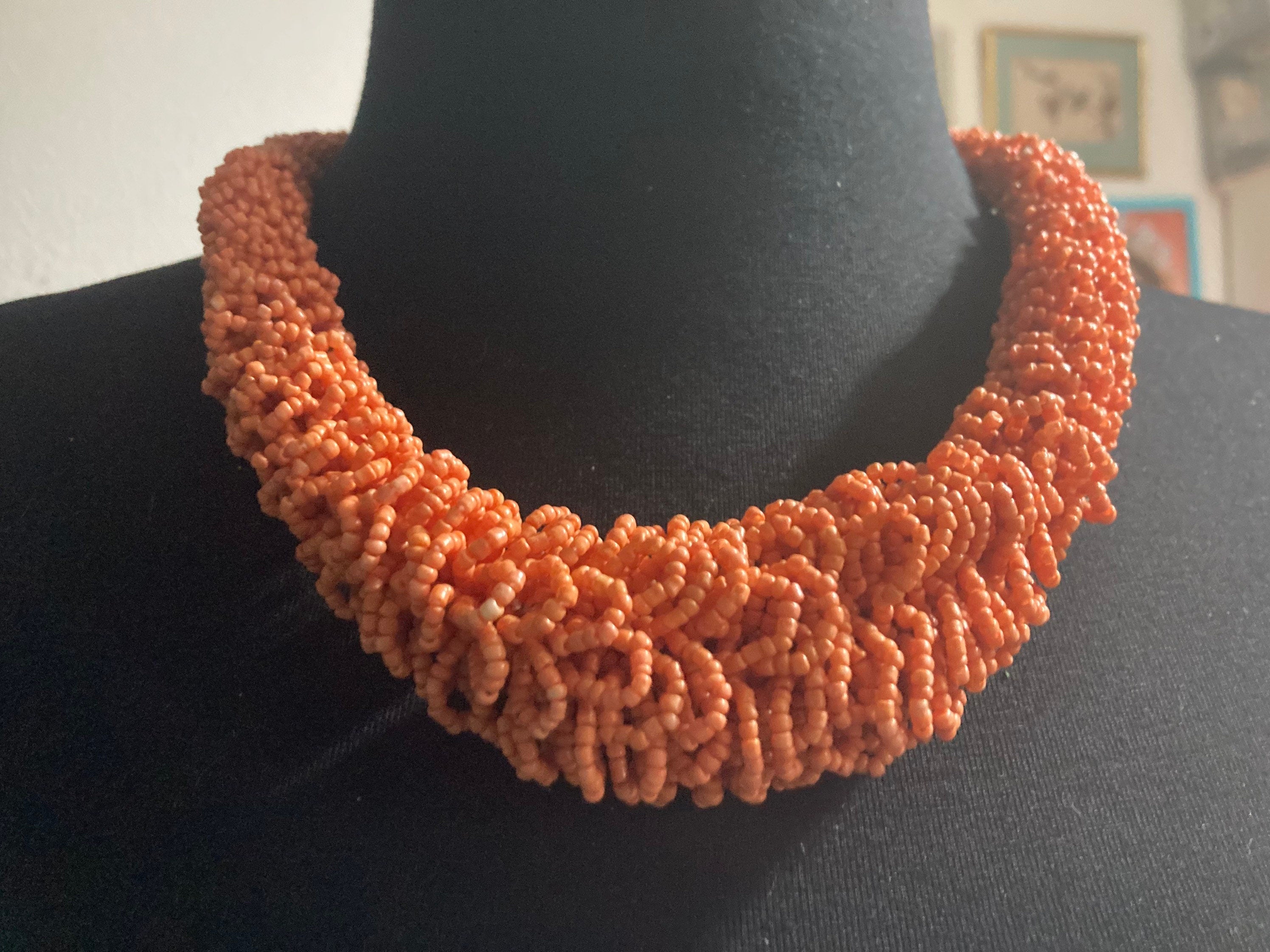 Vintage coral orange chunky seed bead glass choker necklace