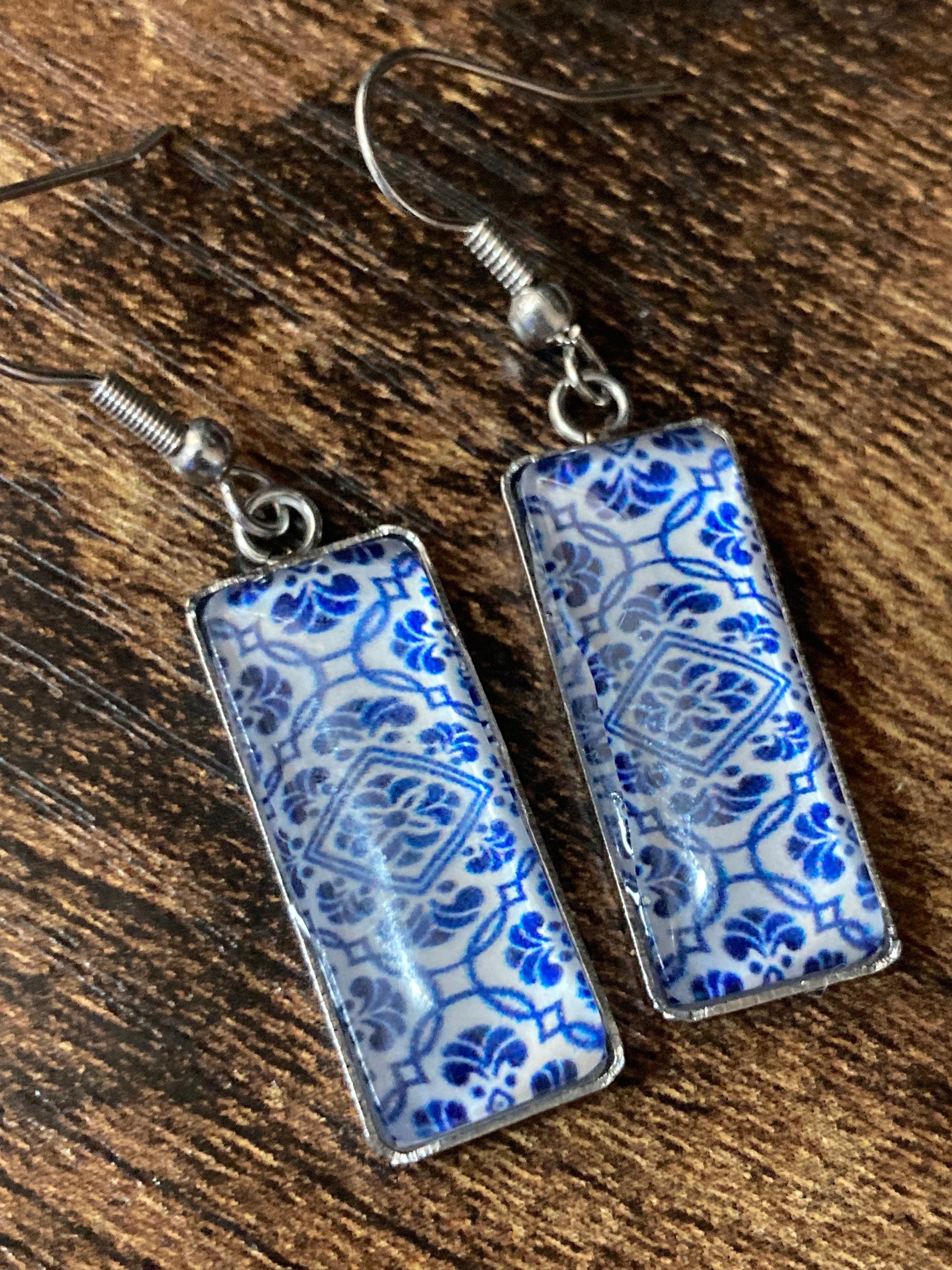 Stainless steel 4.5cm rectangular blue white floral glass cabochon dangly drop earrings