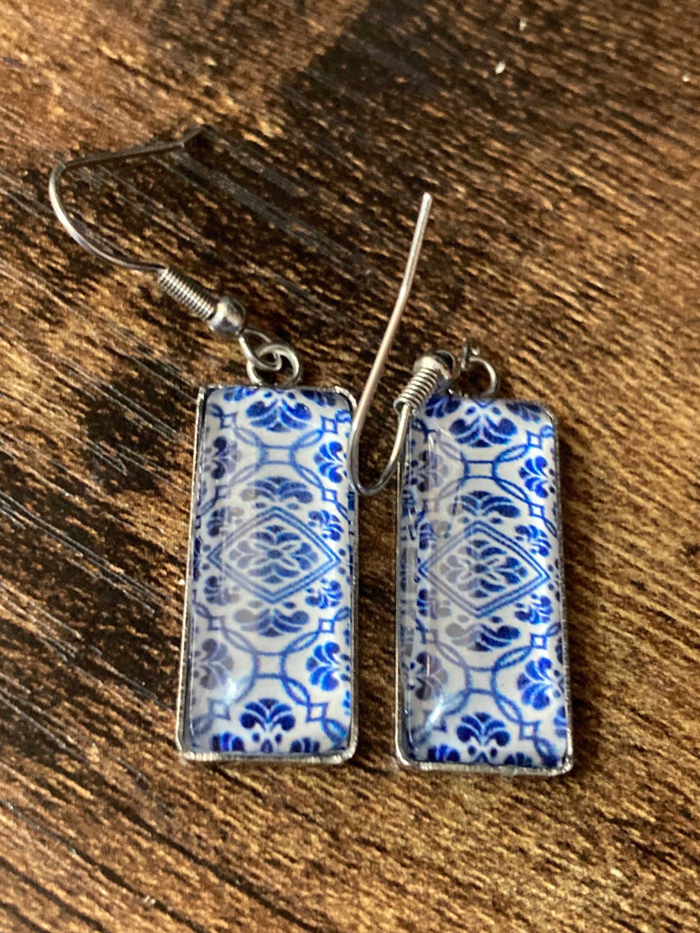 Stainless steel 4.5cm rectangular blue white floral glass cabochon dangly drop earrings