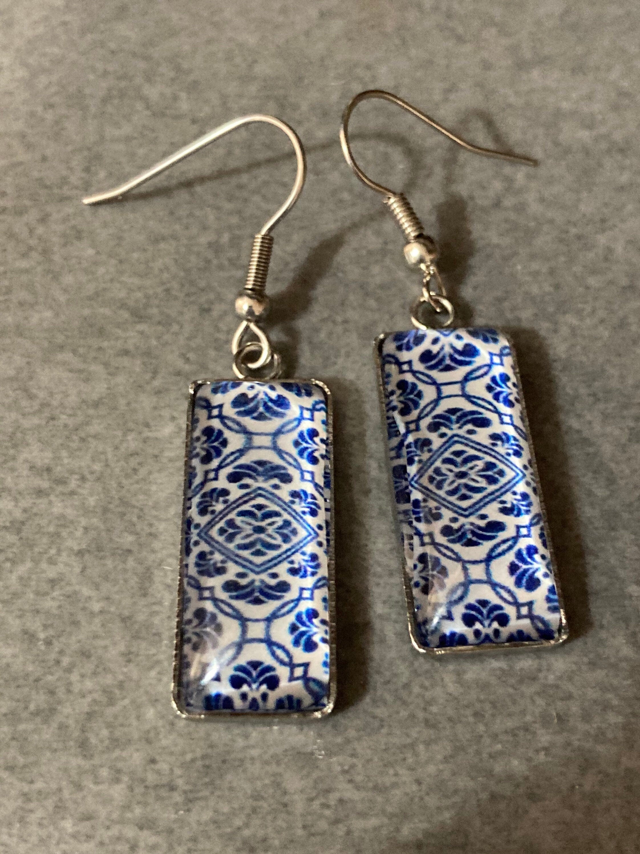 Stainless steel 4.5cm rectangular blue white floral glass cabochon dangly drop earrings