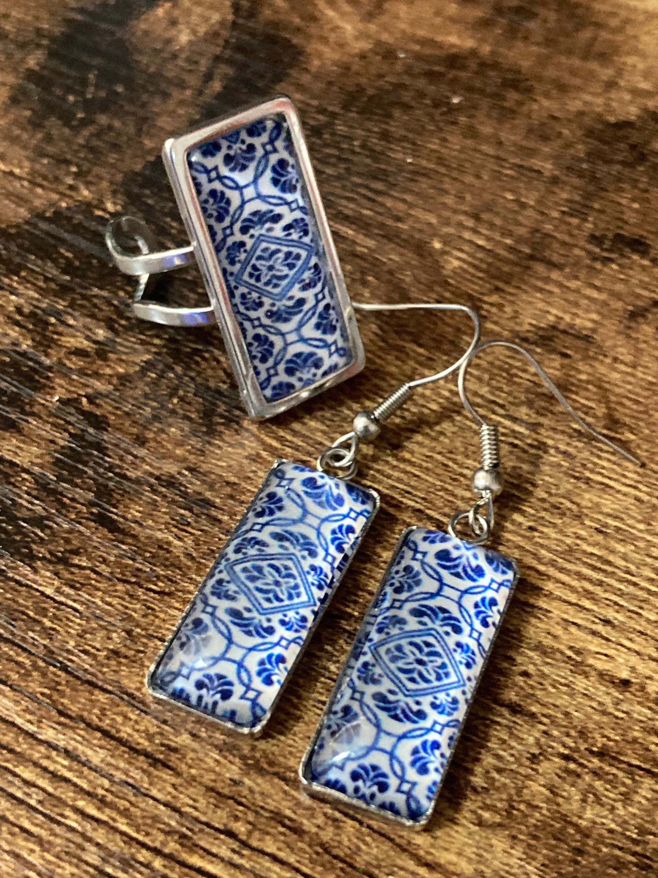 Stainless steel 4.5cm rectangular blue white floral glass cabochon dangly drop earrings