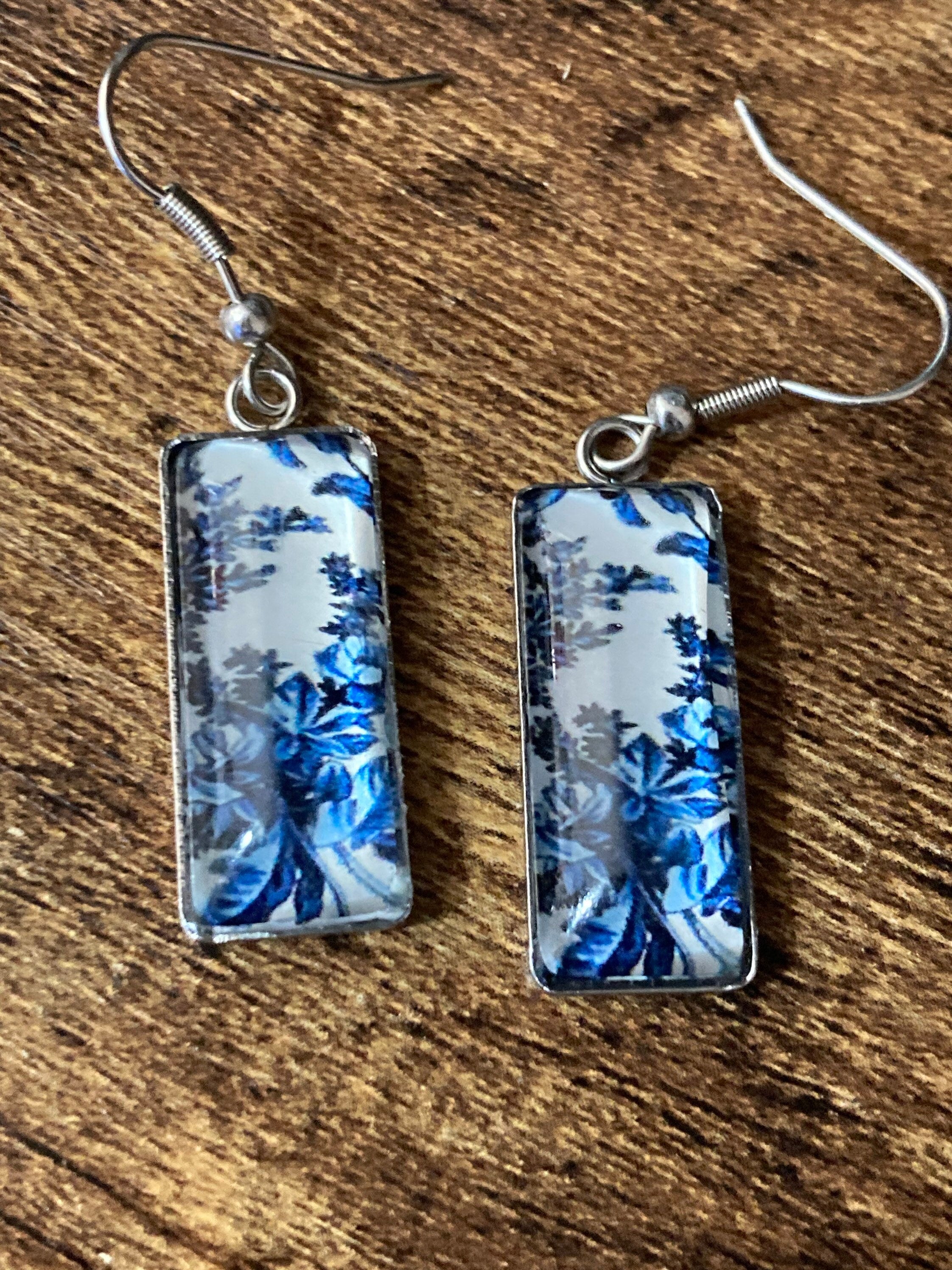 rectangular blue white floral glass cabochon dangly drop  earrings