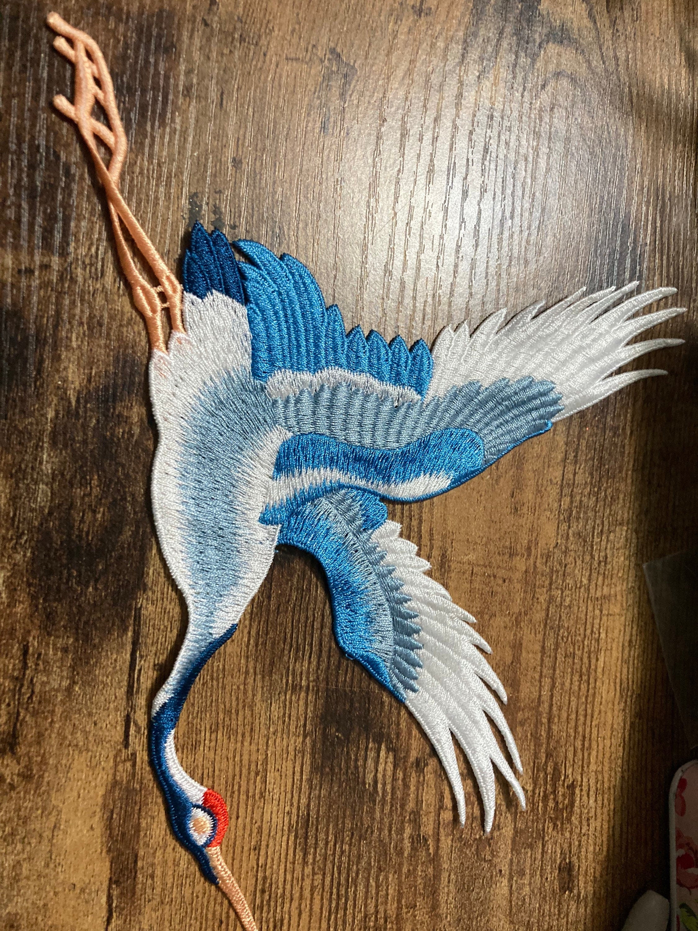 Extra Large 23cm Japanese flying crane bird sew on appliqué patch blue