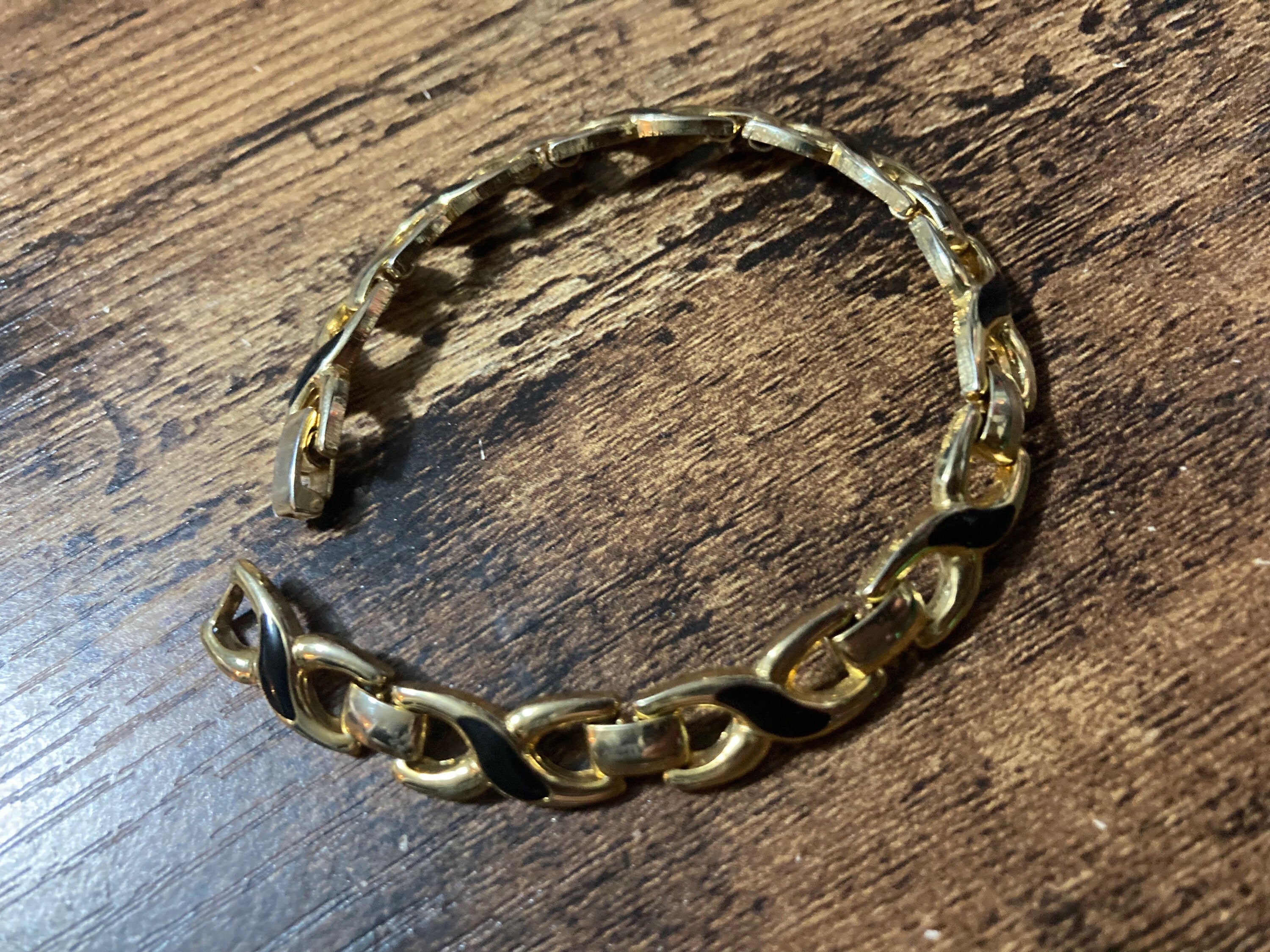 gold tone chain link black enamel bracelet