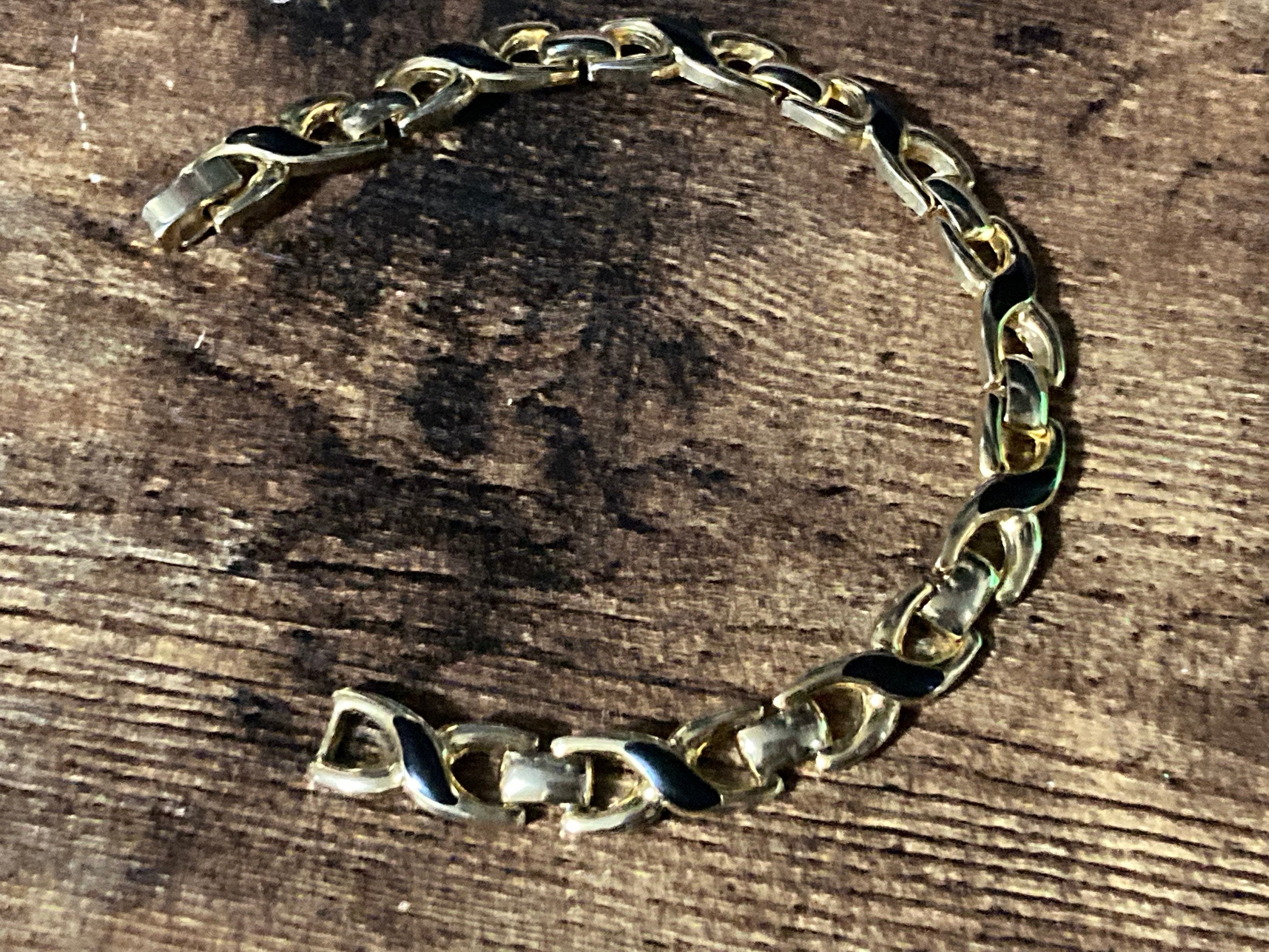 gold tone chain link black enamel bracelet