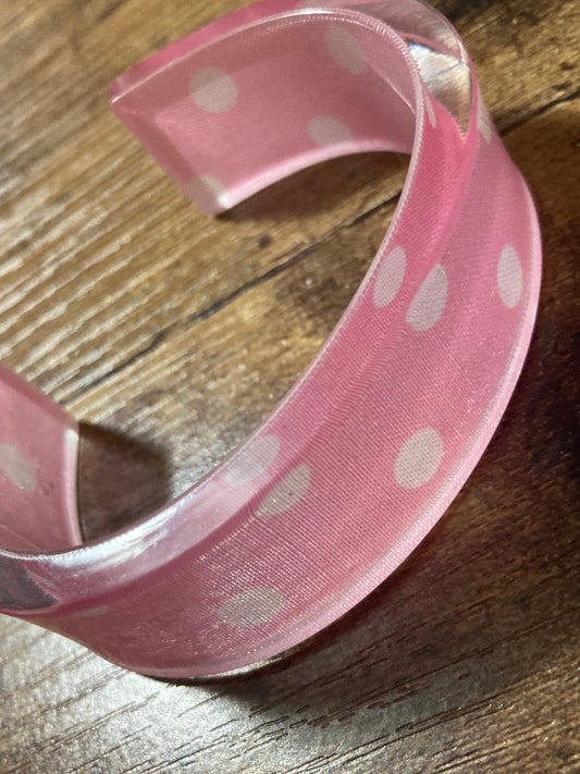 Pink polka dot acrylic plastic resin wide cuff bangle bracelet