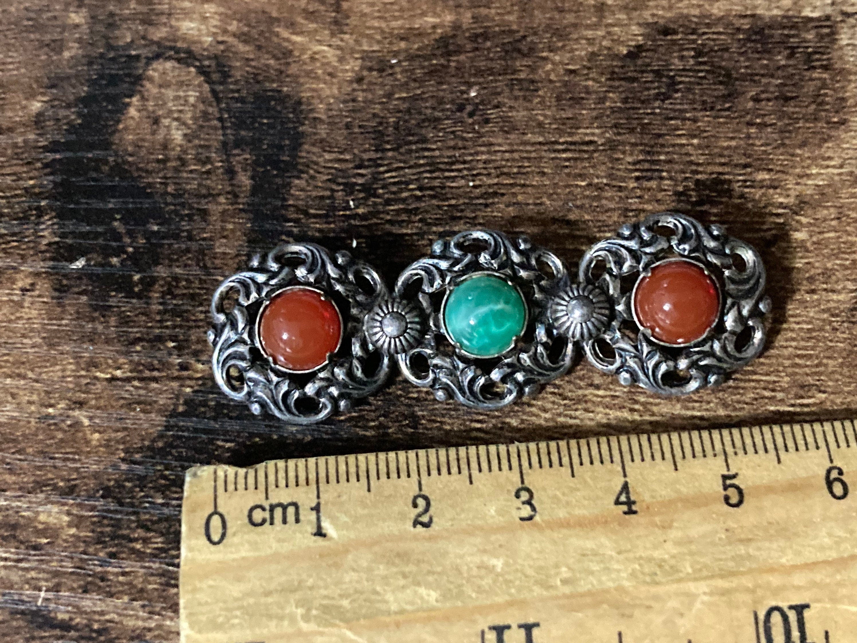 Czech Metal silver tone filigree Brooch with faux Carnelian red glass green cabochons