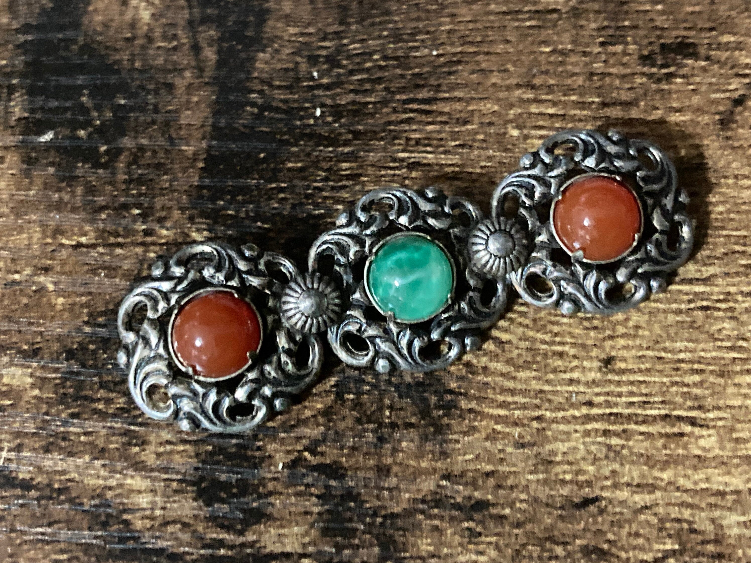 Czech Metal silver tone filigree Brooch with faux Carnelian red glass green cabochons