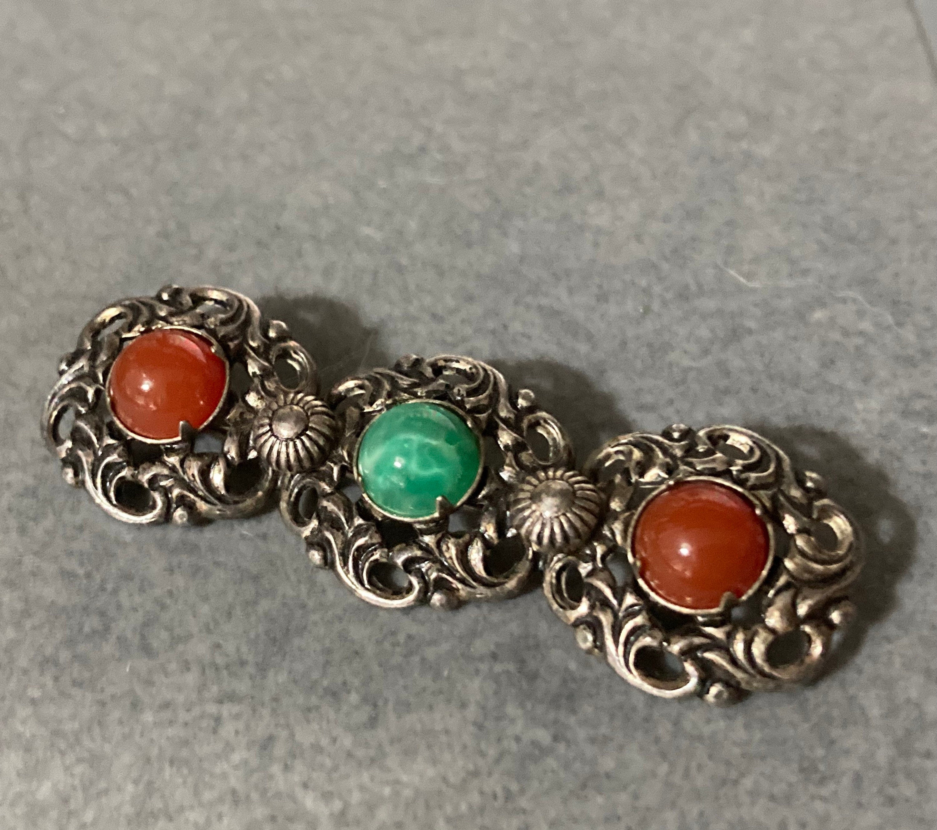 Czech Metal silver tone filigree Brooch with faux Carnelian red glass green cabochons