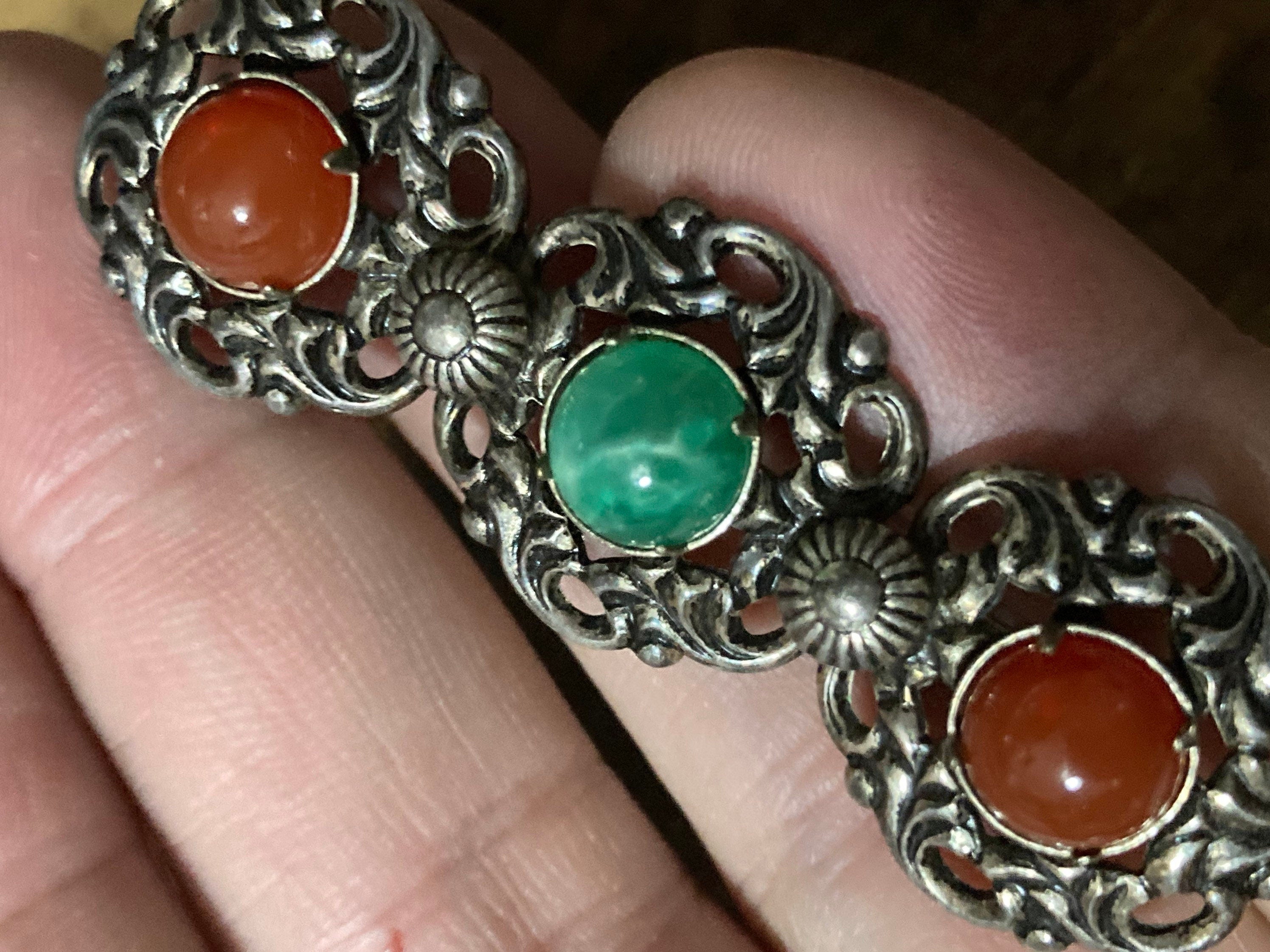 Czech Metal silver tone filigree Brooch with faux Carnelian red glass green cabochons