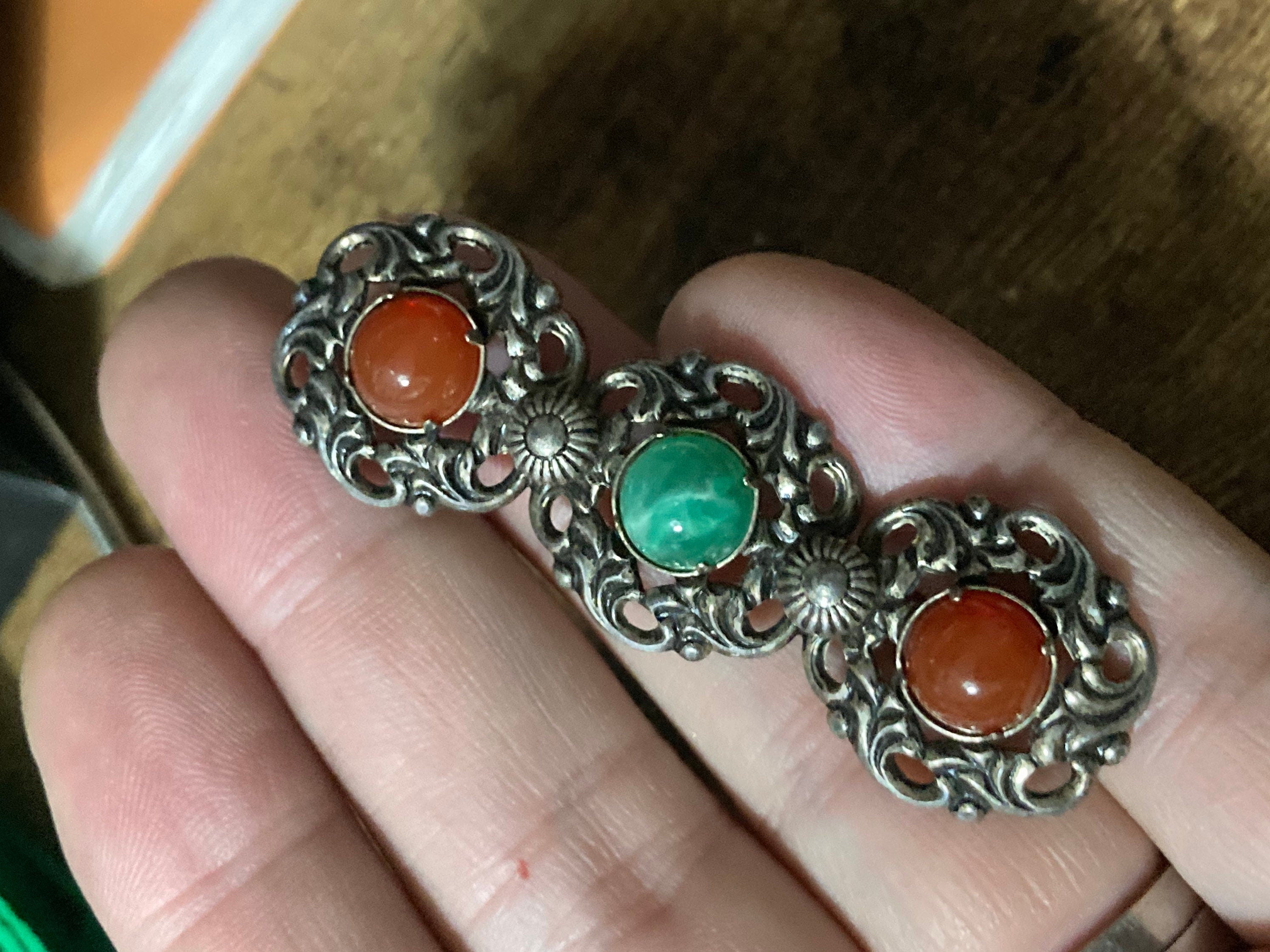 Czech Metal silver tone filigree Brooch with faux Carnelian red glass green cabochons