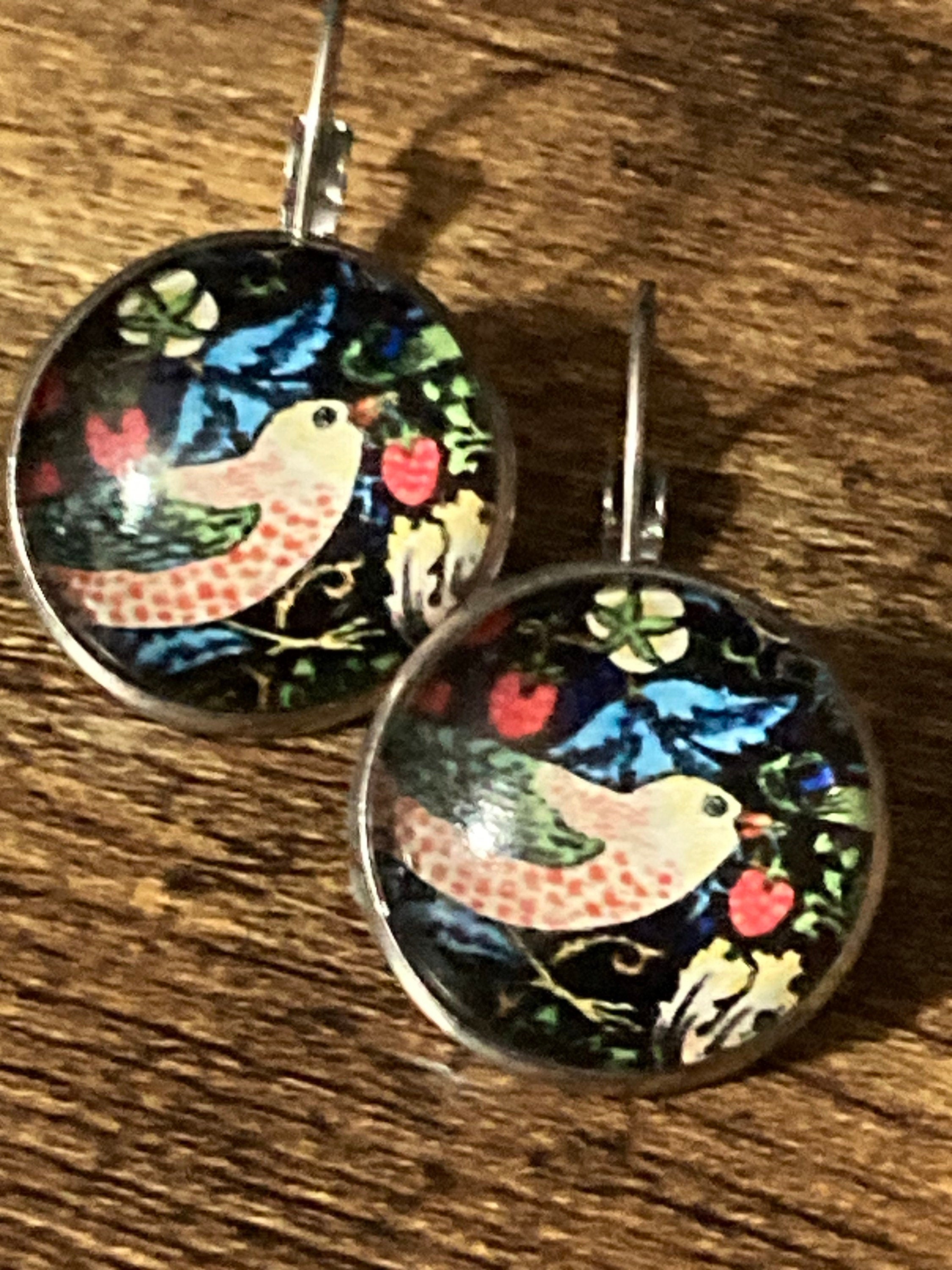 William Morris strawberry thief print pierced drop earrings round glass cabochon