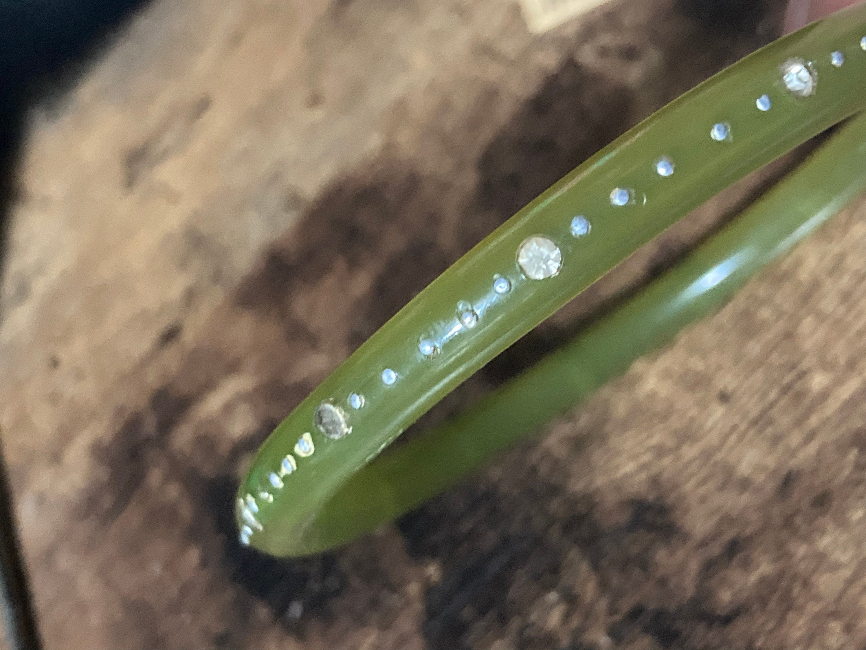 Wide wrist Art Deco pique work early plastic galalith green clear pinned diamanté paste bangle