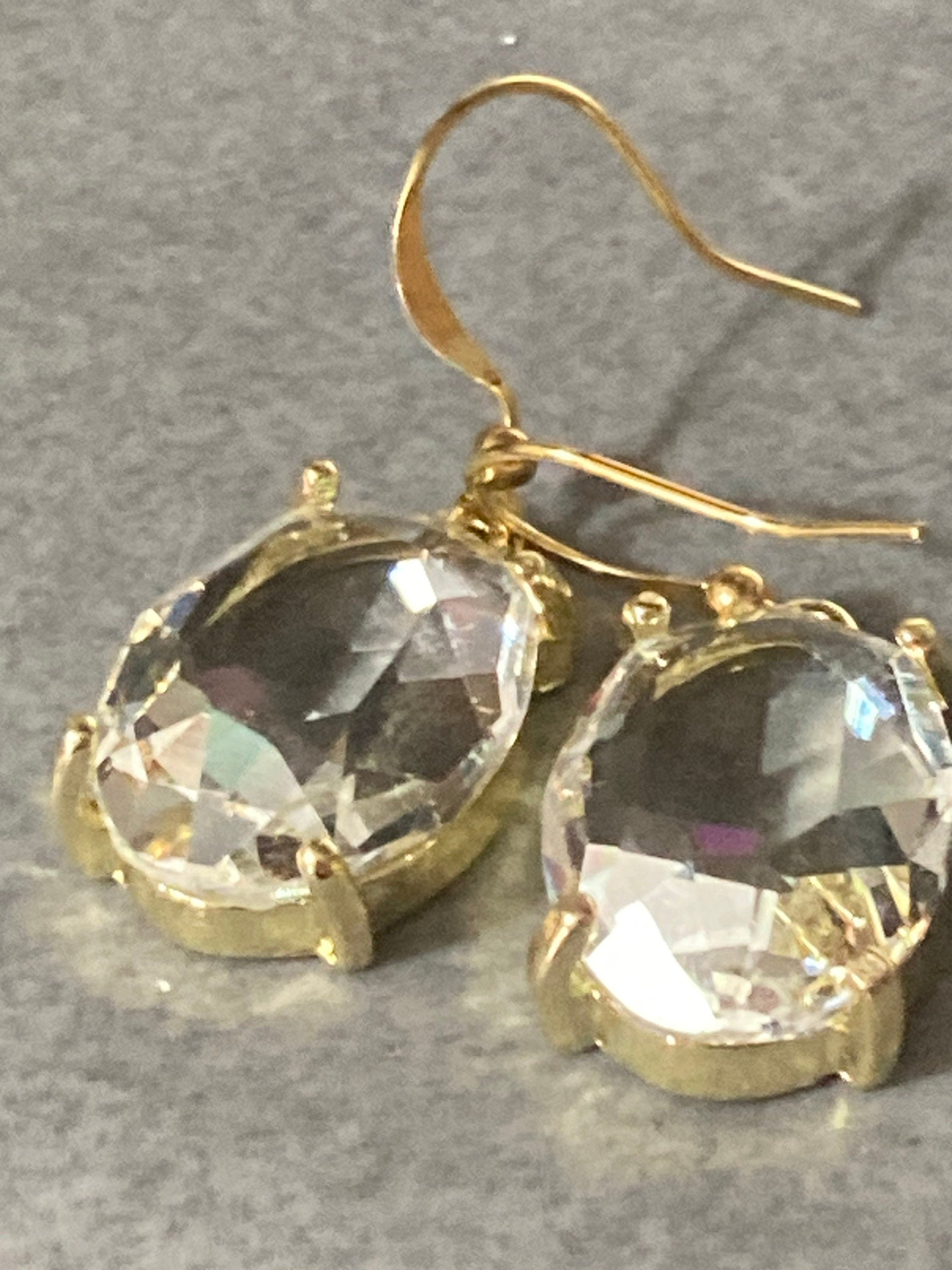 Gold tone large oval faceted crystal diamanté rhinestone earrings