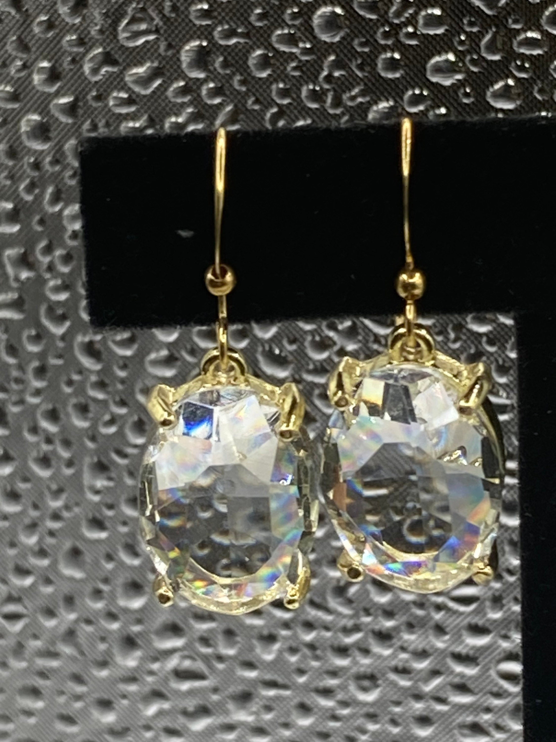 Gold tone large oval faceted crystal diamanté rhinestone earrings