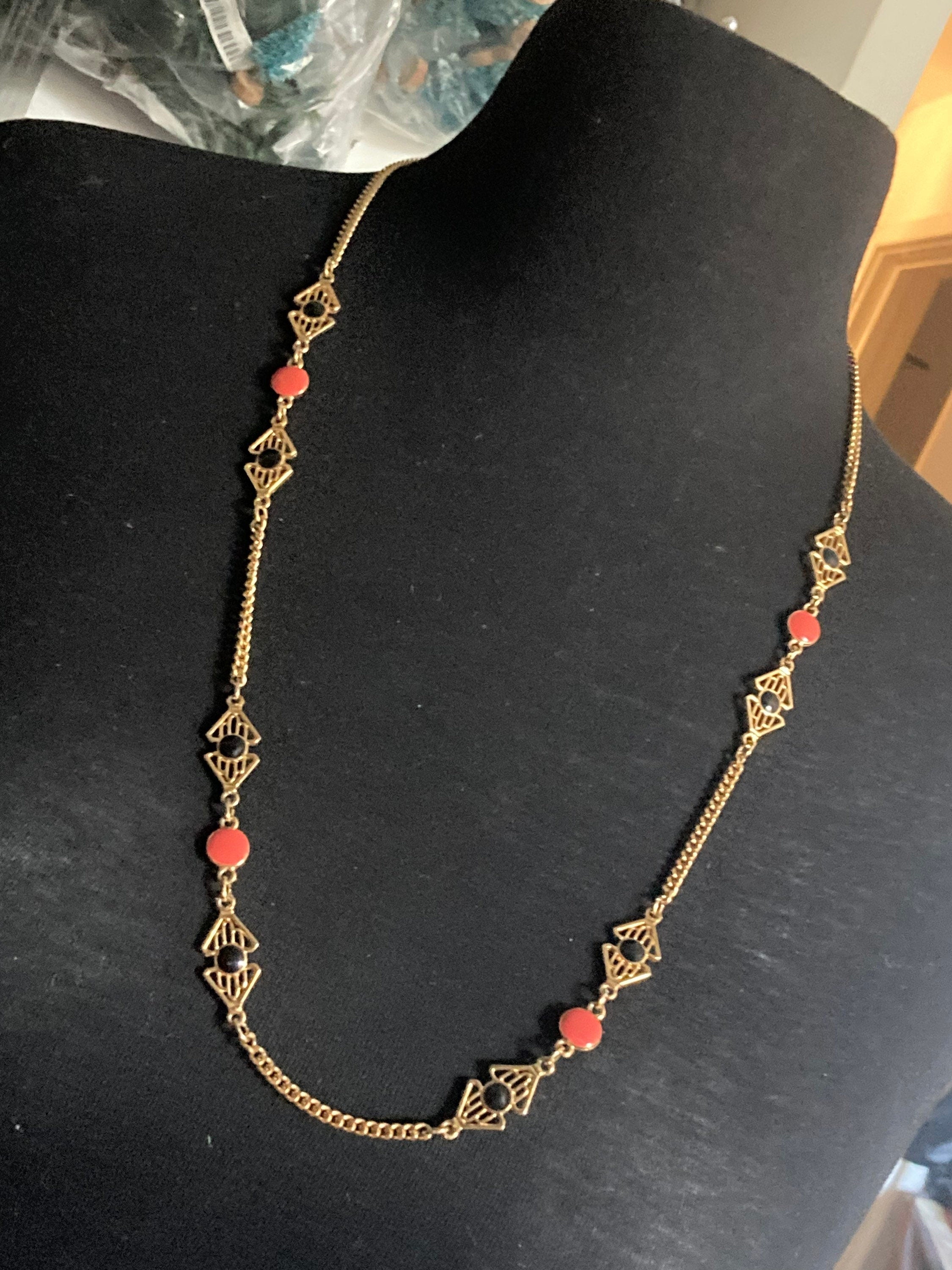 Signed d’orlan designer long length 80cm gold orange enamel station link chain necklace