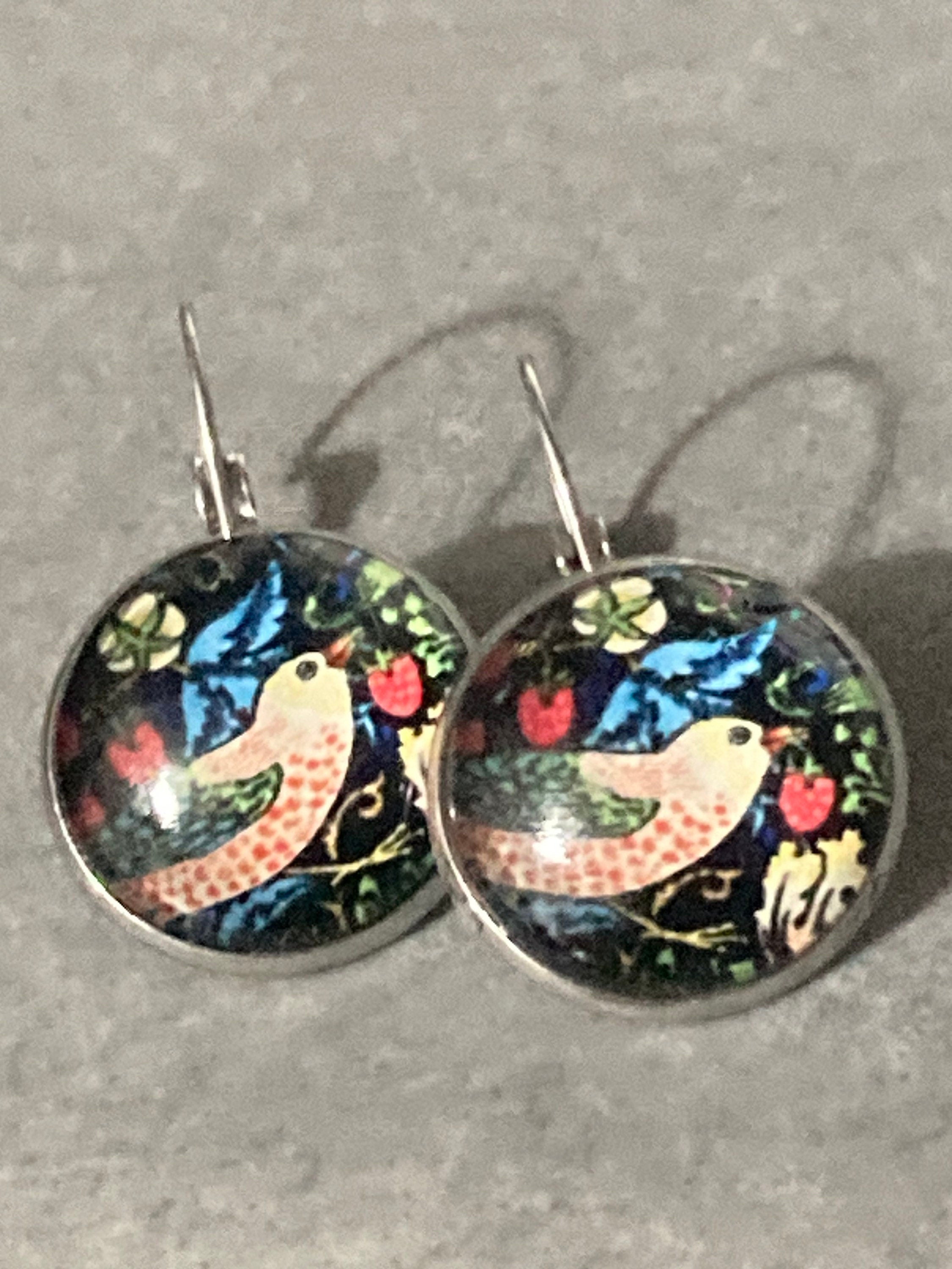 William Morris strawberry thief print pierced drop earrings round glass cabochon