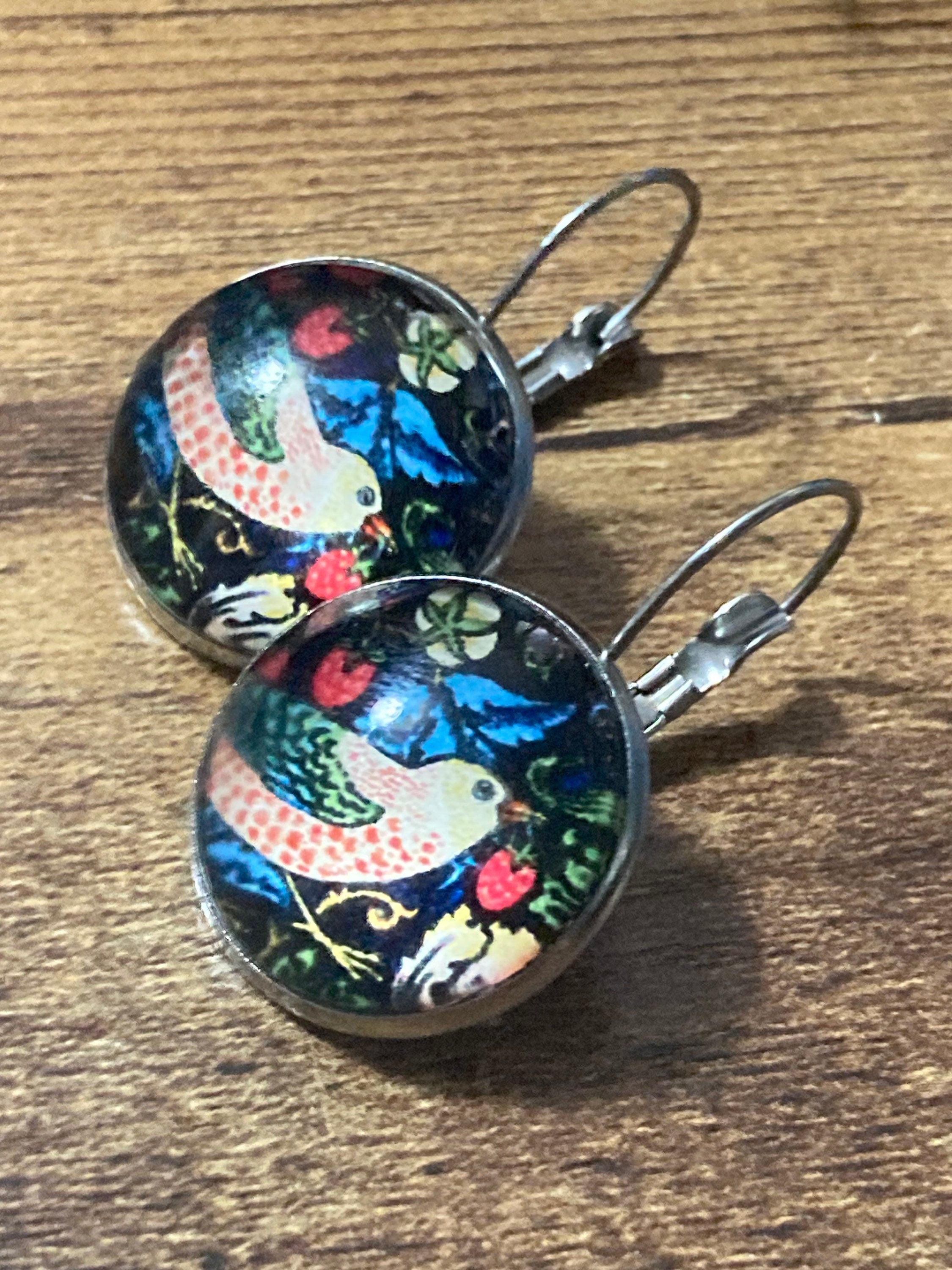 William Morris strawberry thief print pierced drop earrings round glass cabochon