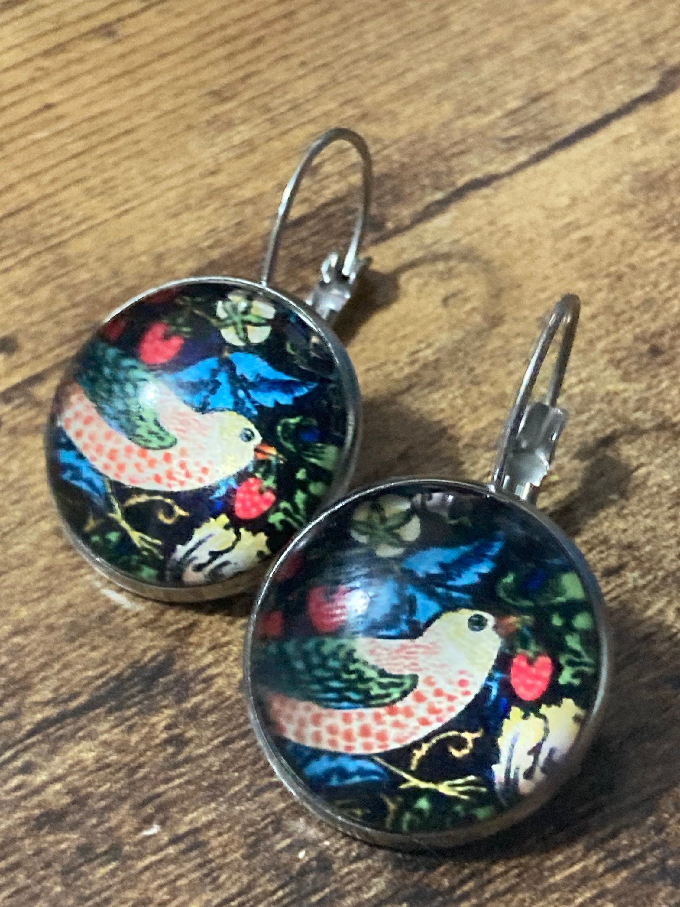 William Morris strawberry thief print pierced drop earrings round glass cabochon