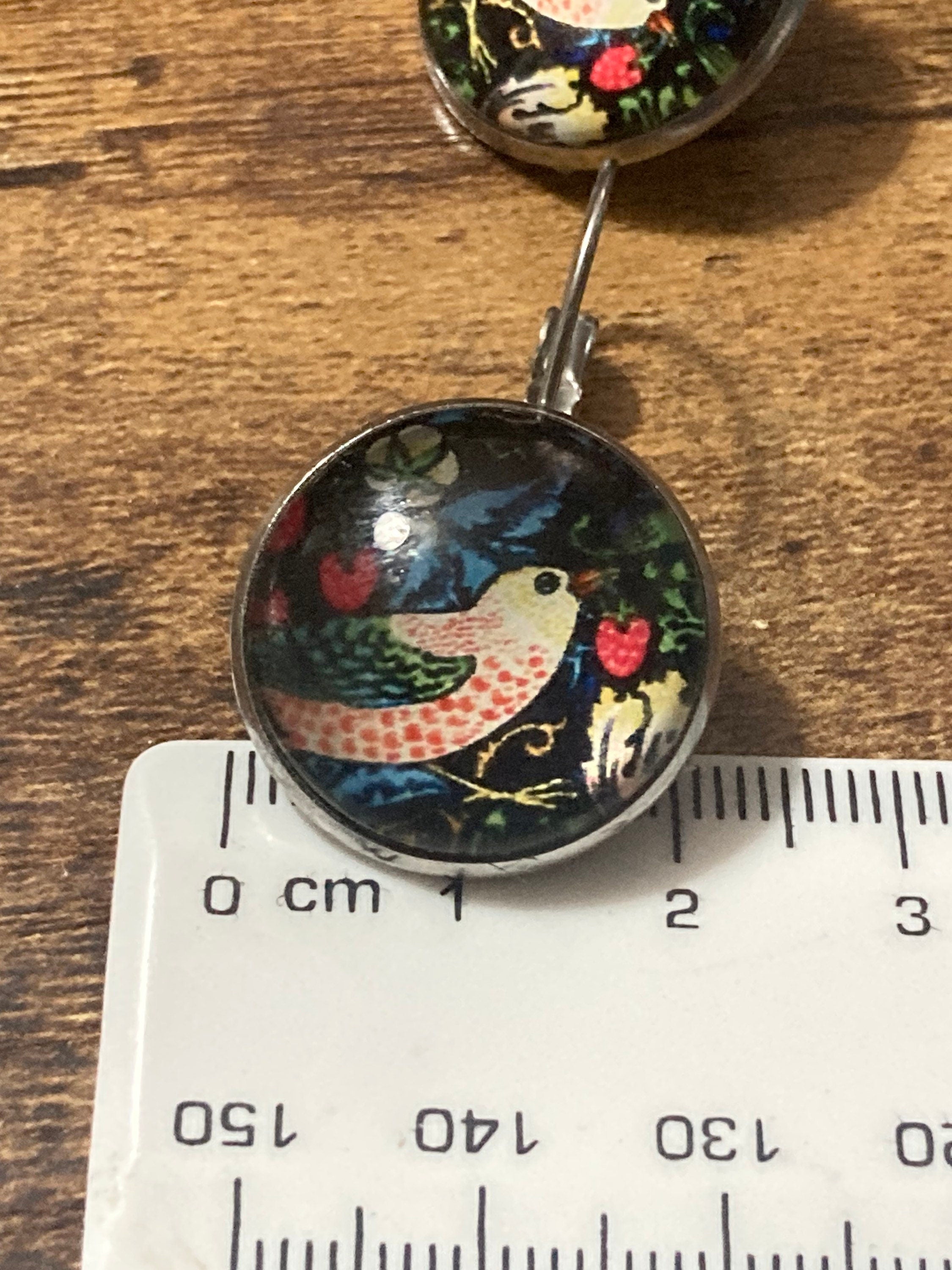 William Morris strawberry thief print pierced drop earrings round glass cabochon