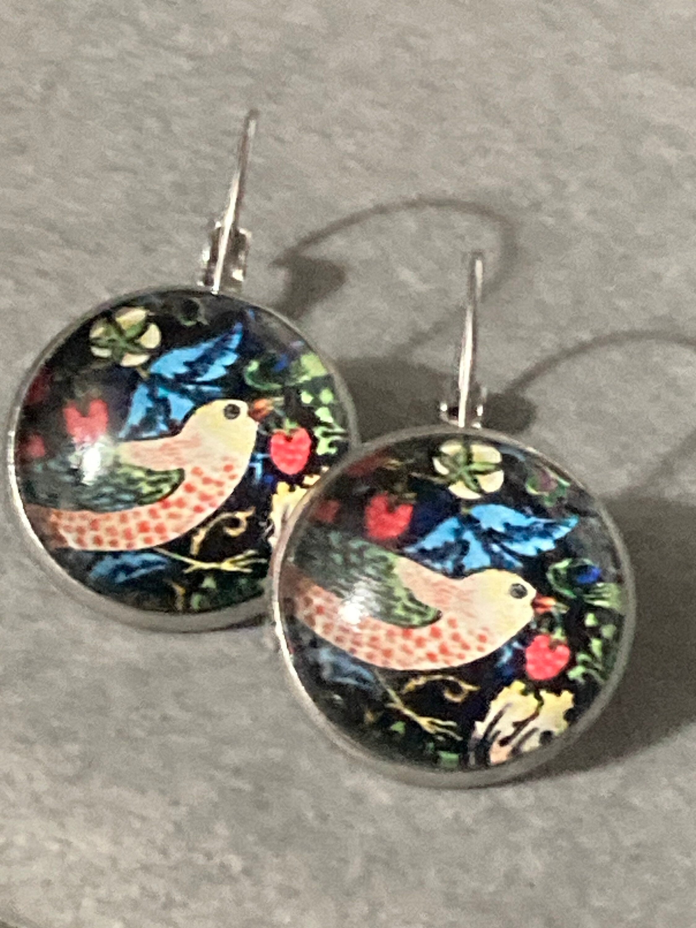 William Morris strawberry thief print pierced drop earrings round glass cabochon