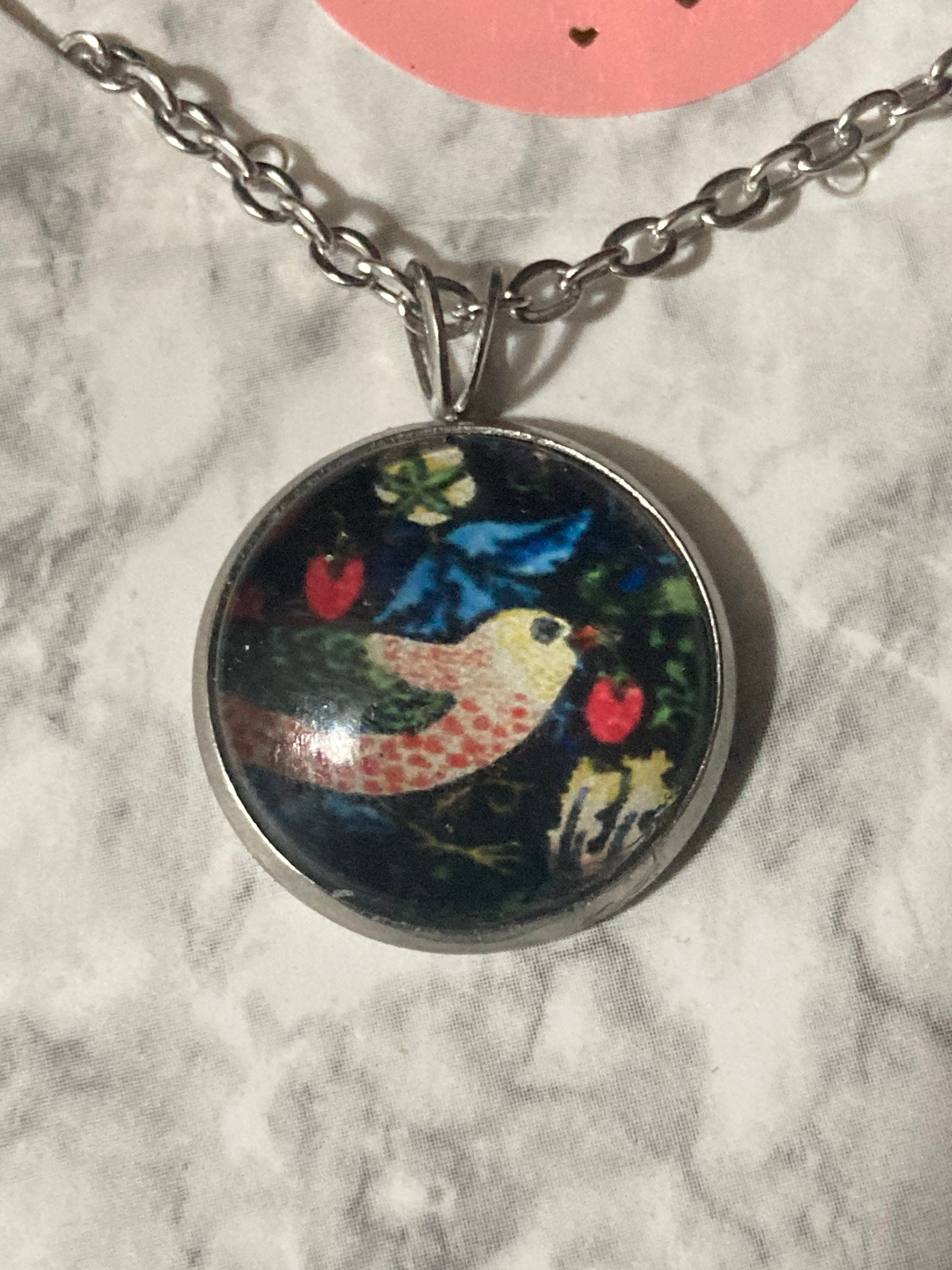 The strawberry thief print pendant necklace William Morris stainless steel