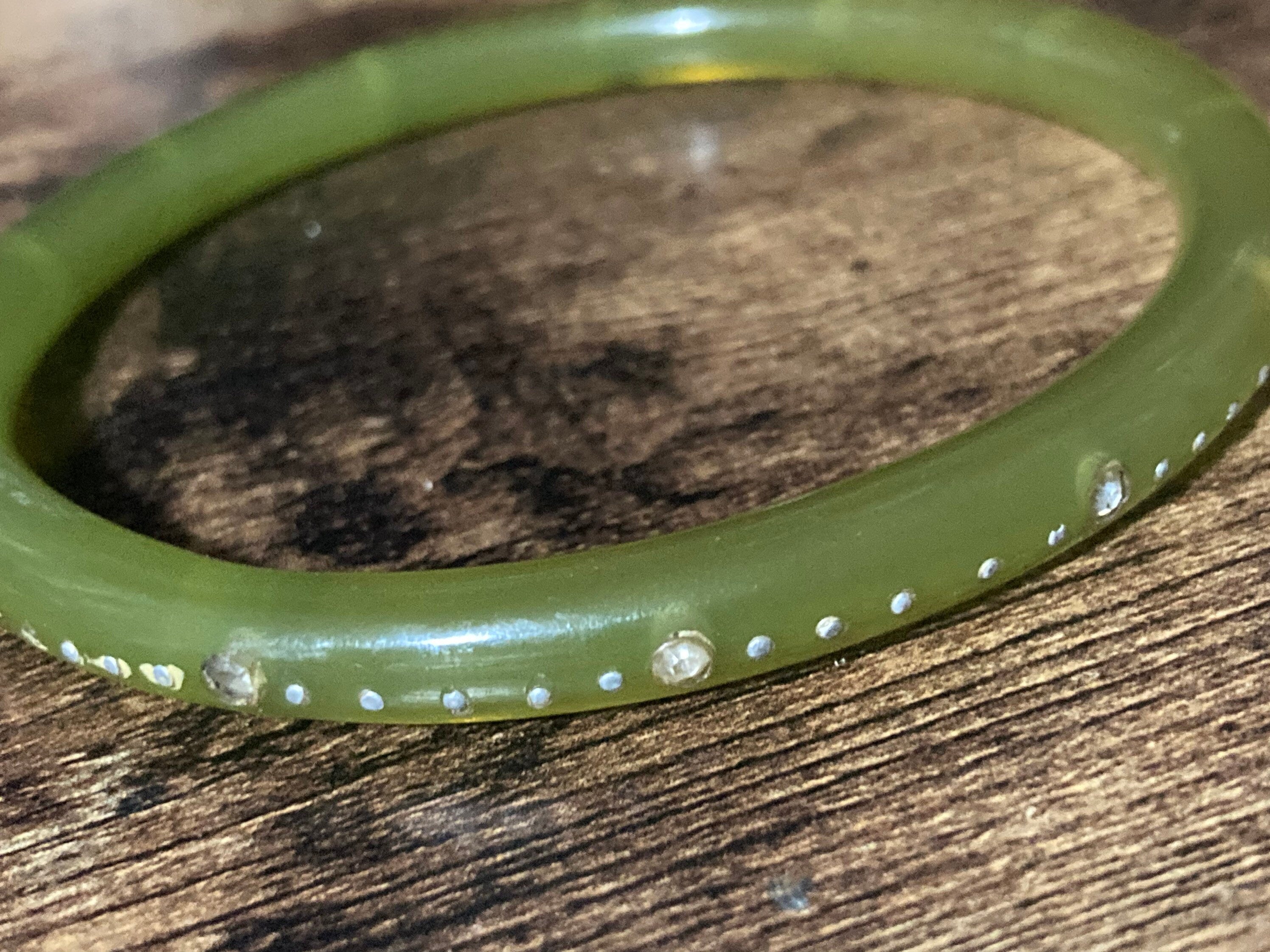 Wide wrist Art Deco pique work early plastic galalith green clear pinned diamanté paste bangle